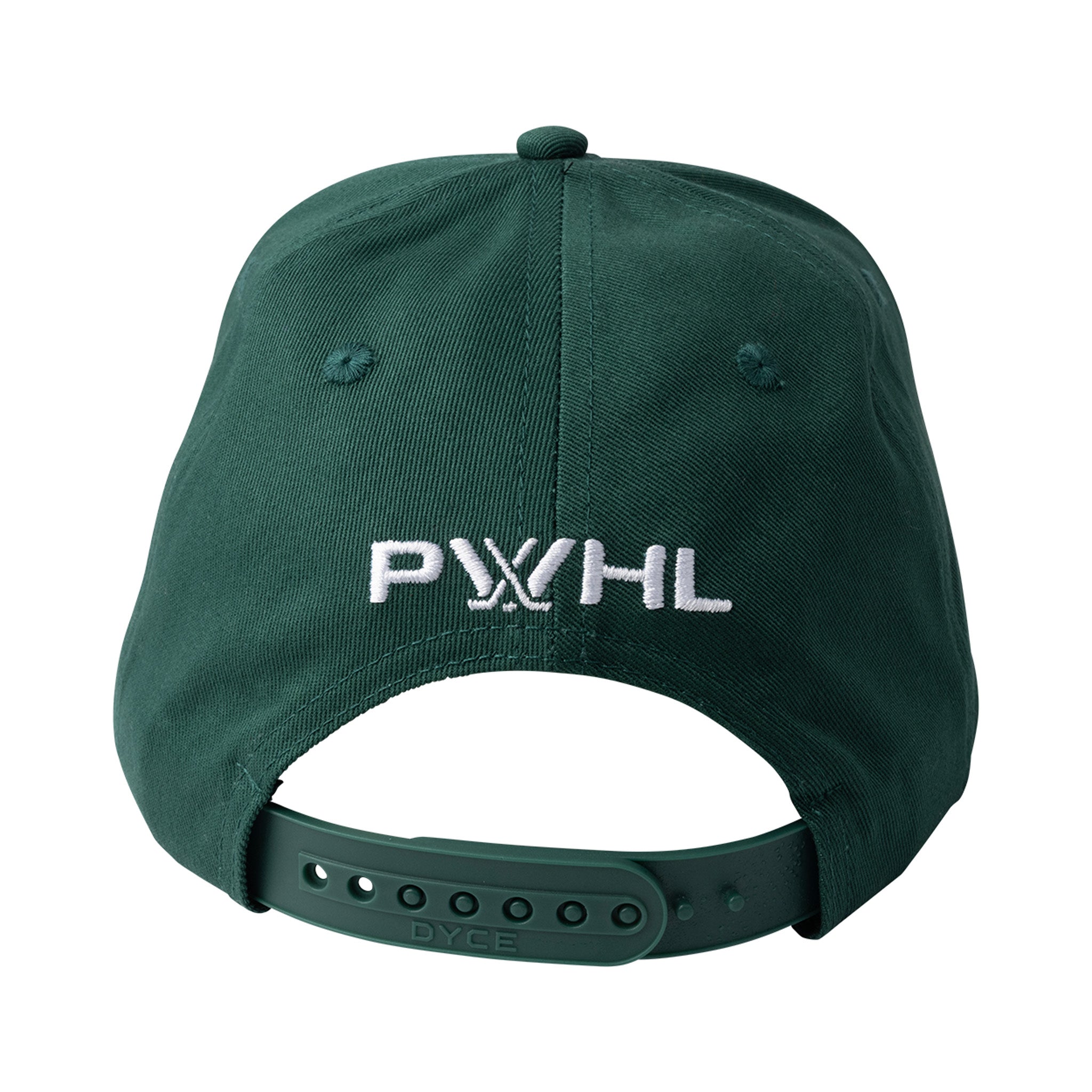 Green cap with a logo on the back against a white background