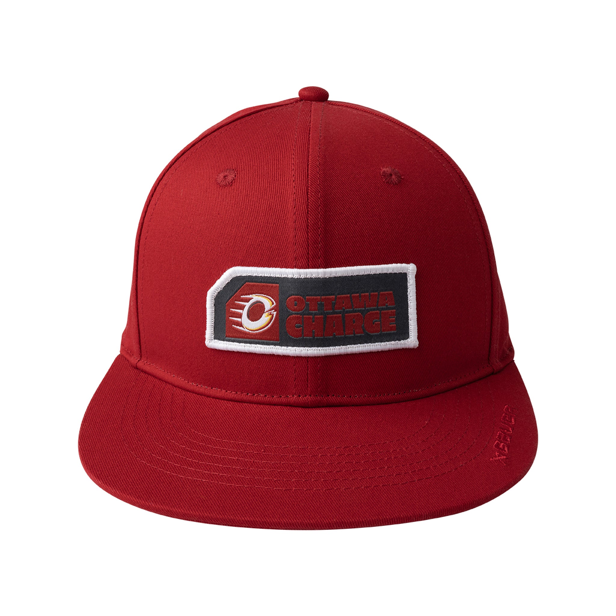 Red cap with a logo on a white background