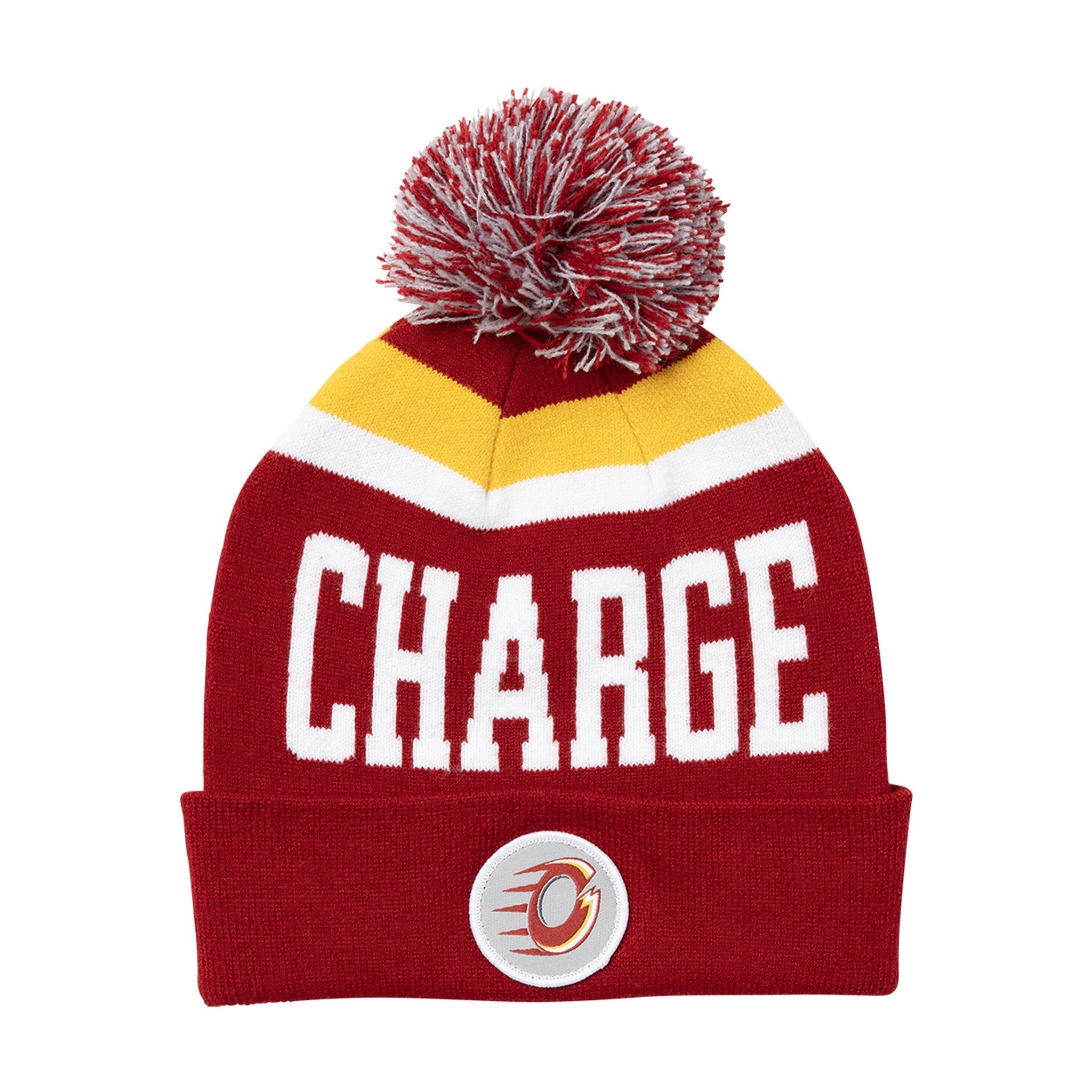 Red beanie with 'CHARGE' text and pom-pom on a white background