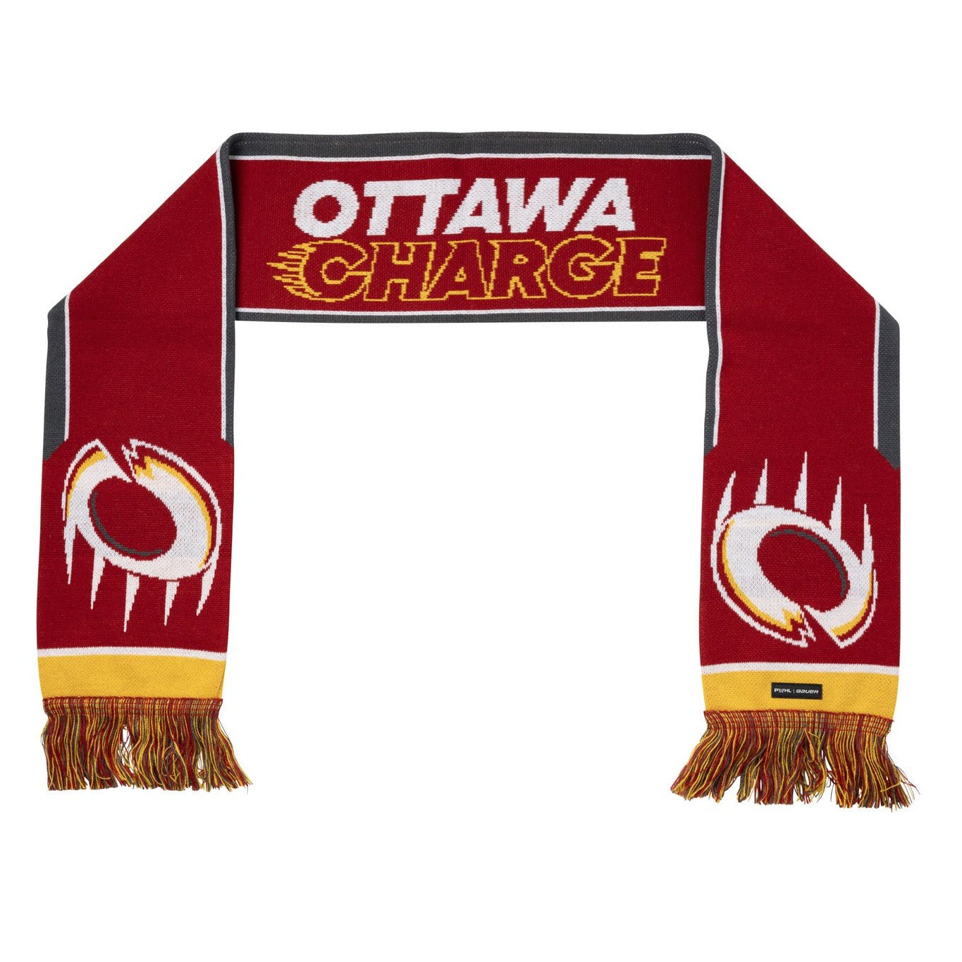Red scarf with 'Ottawa Charge' text and logo on a white background