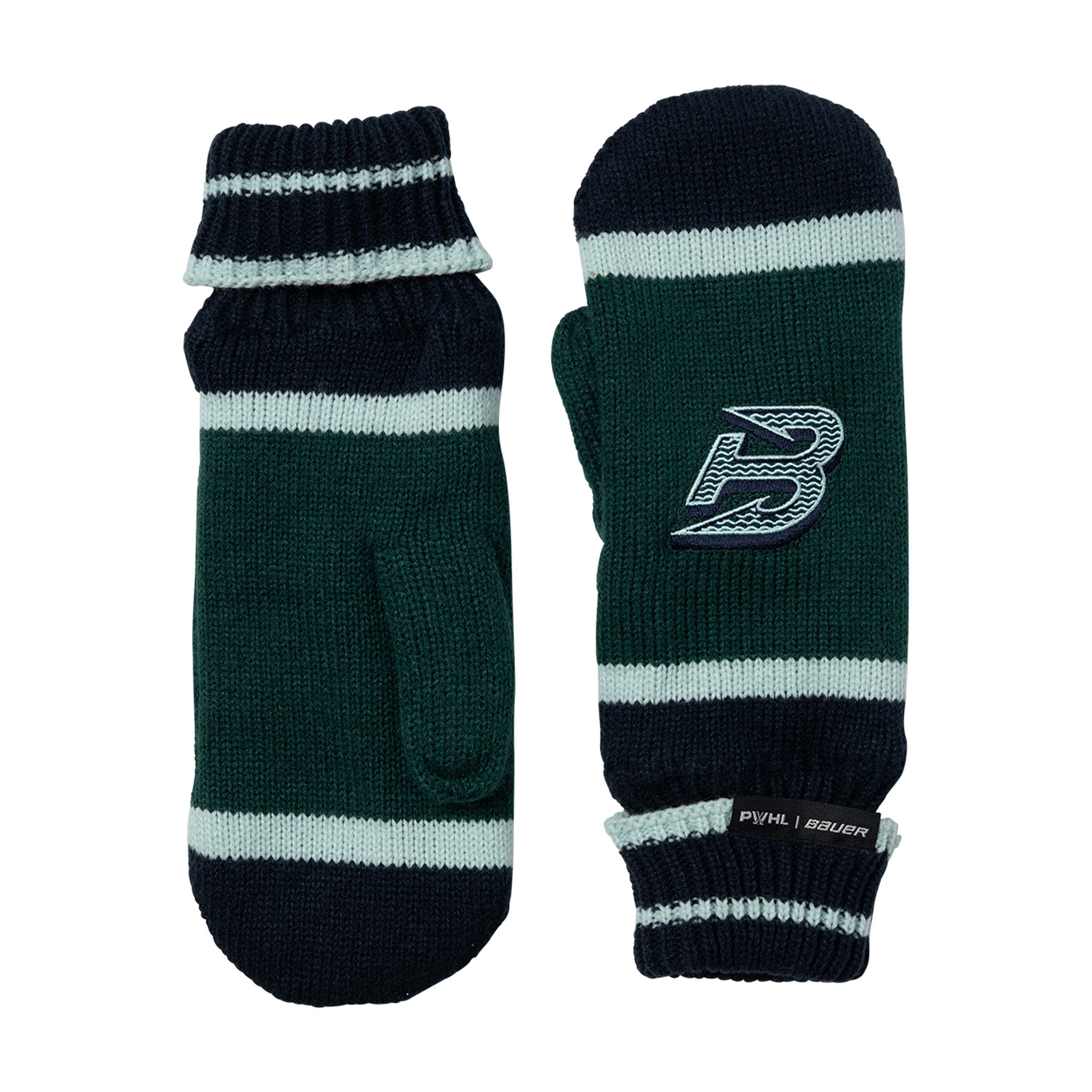 Pair of green and black striped mittens with a logo on a white background