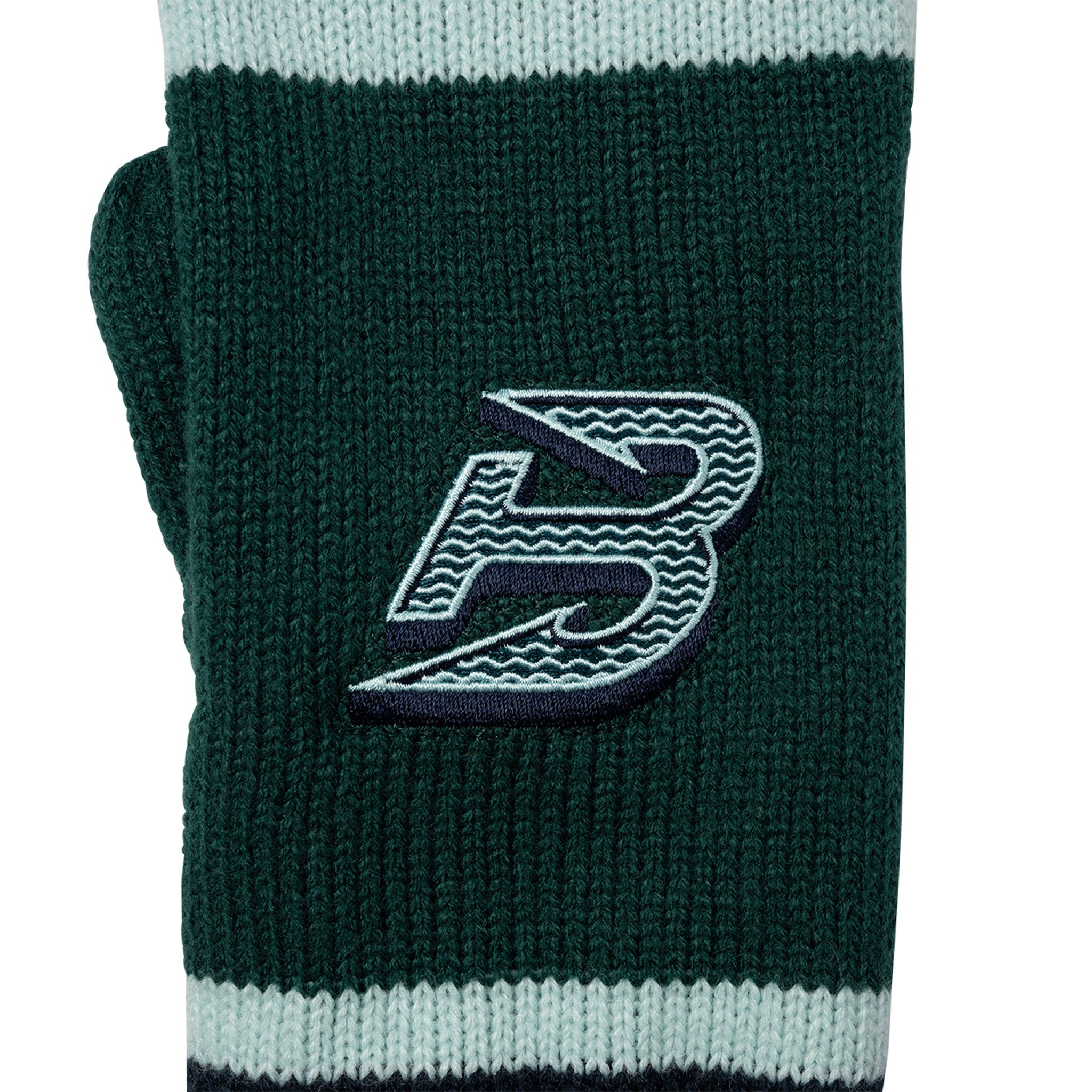 Green knit glove with a logo on a white background