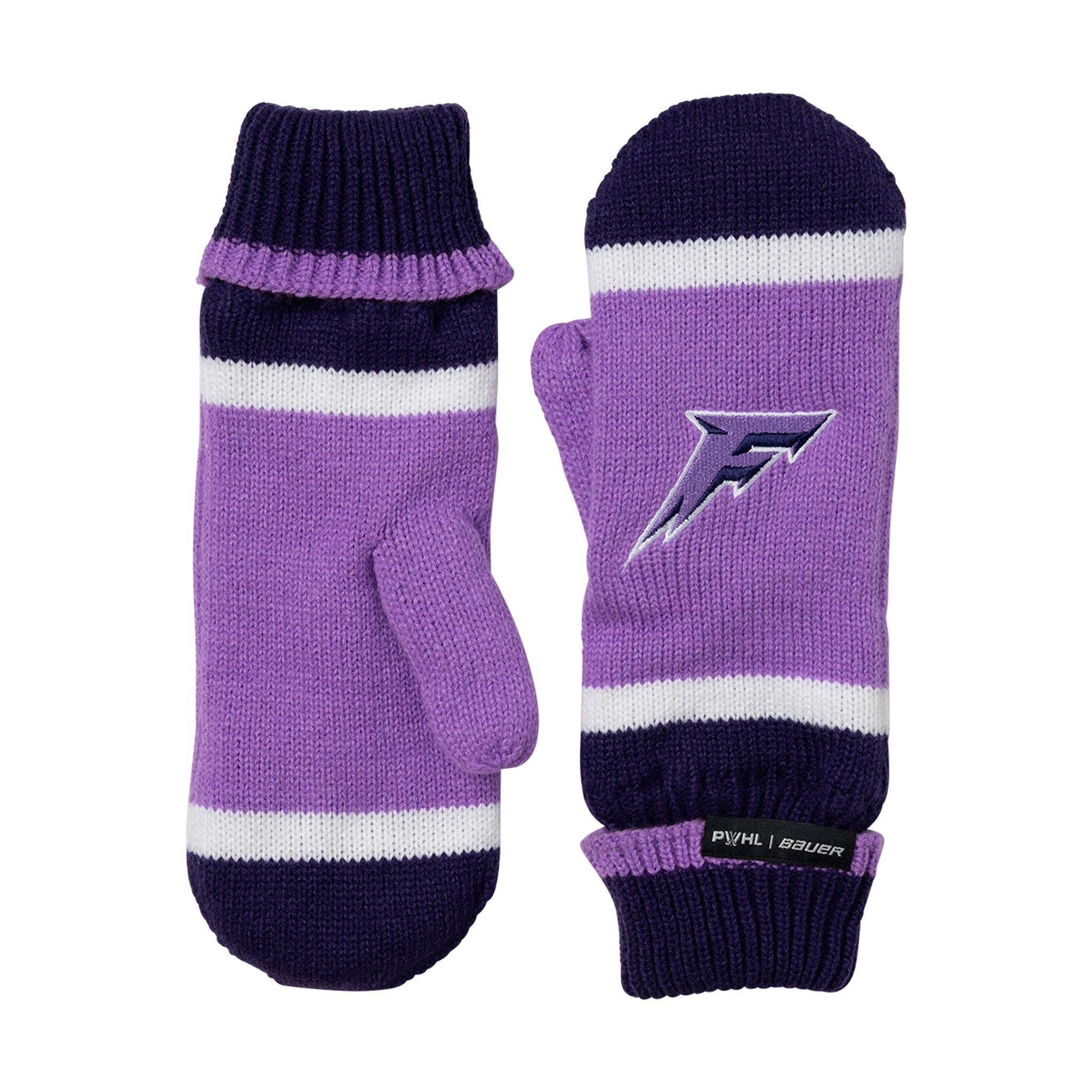 Purple striped mittens with a logo on a white background