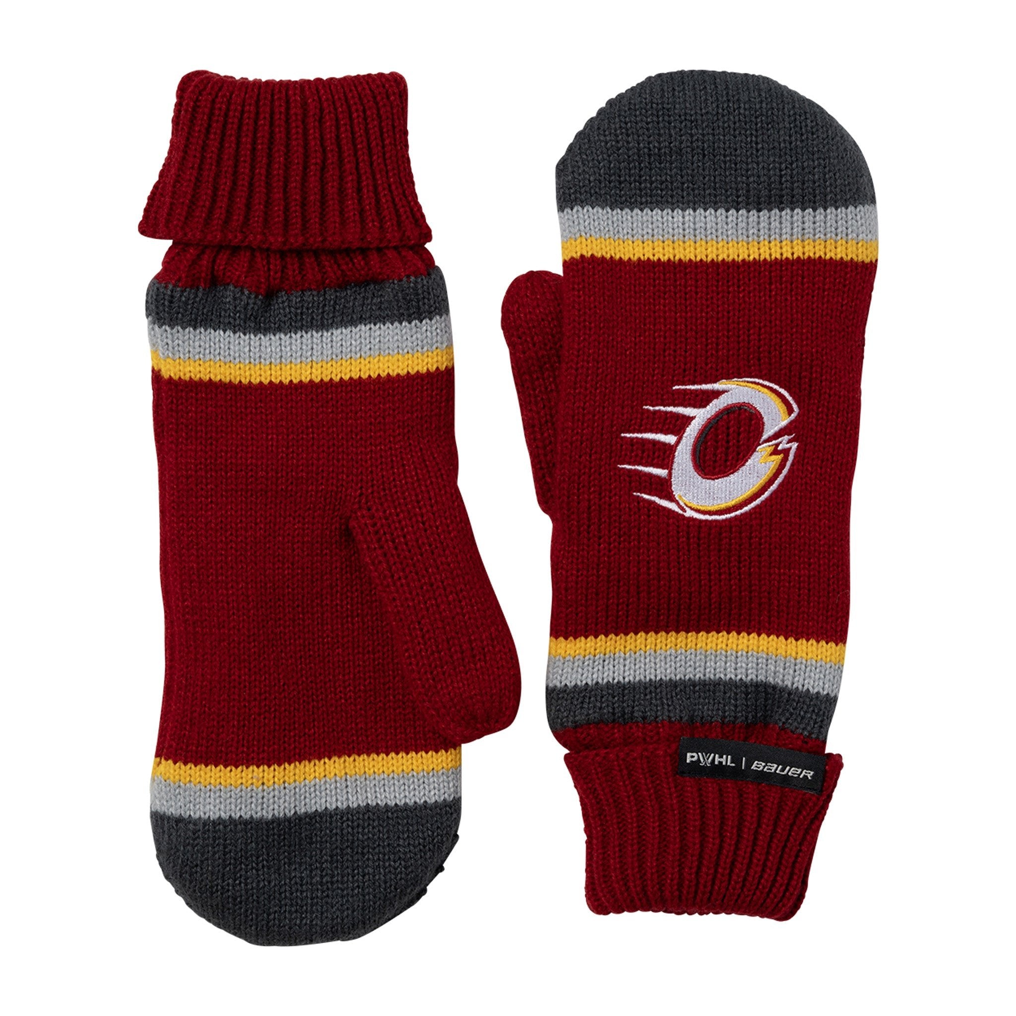 Red and gray striped gloves with a logo on a white background