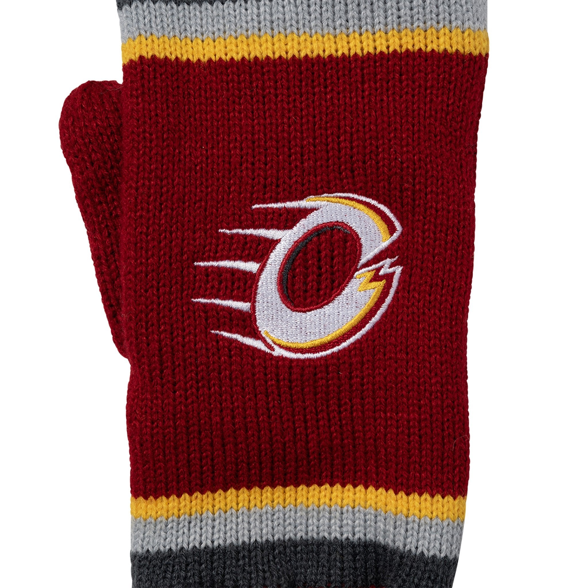 Red wristband with a logo and striped pattern on a white background