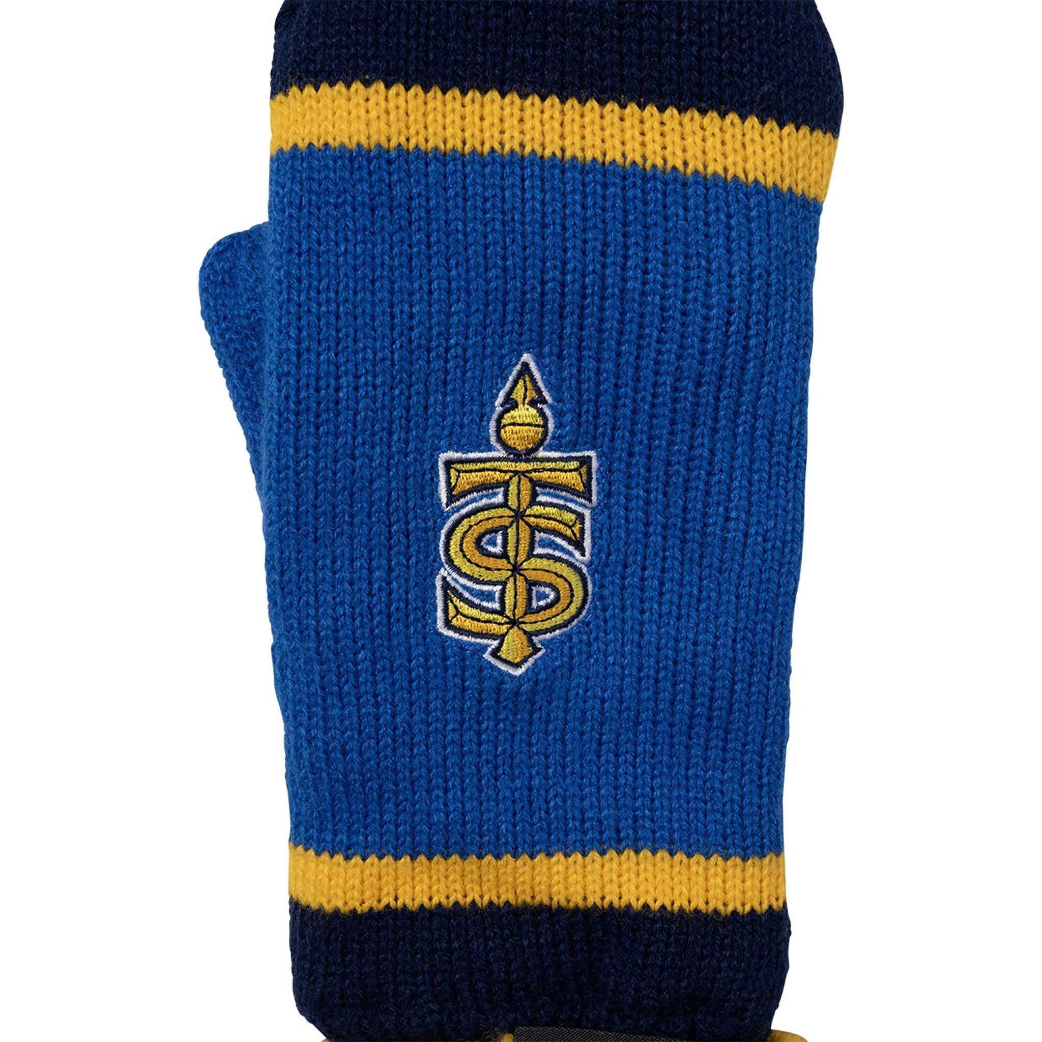 Blue and yellow knitted mitten with a logo on a white background