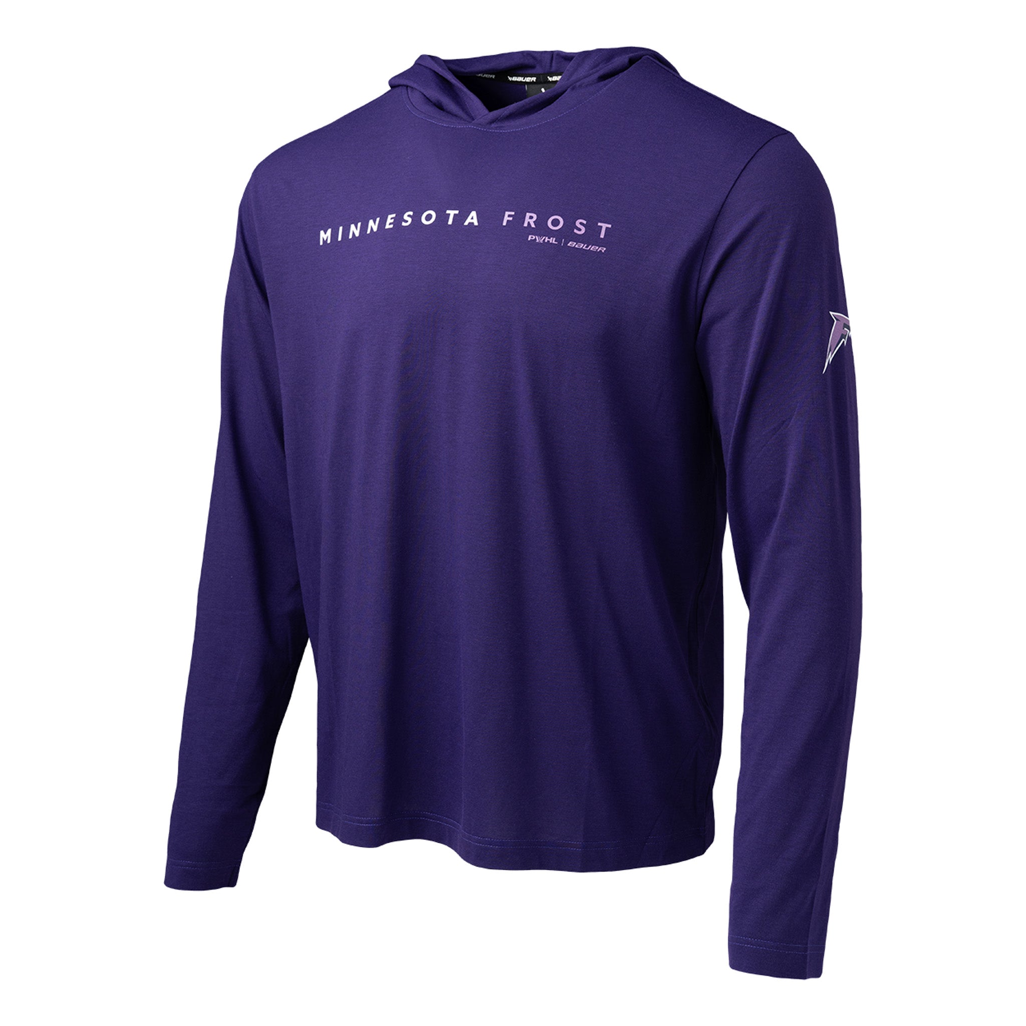 Purple long-sleeve hoodie with 'Minnesota Frost' text on a white background