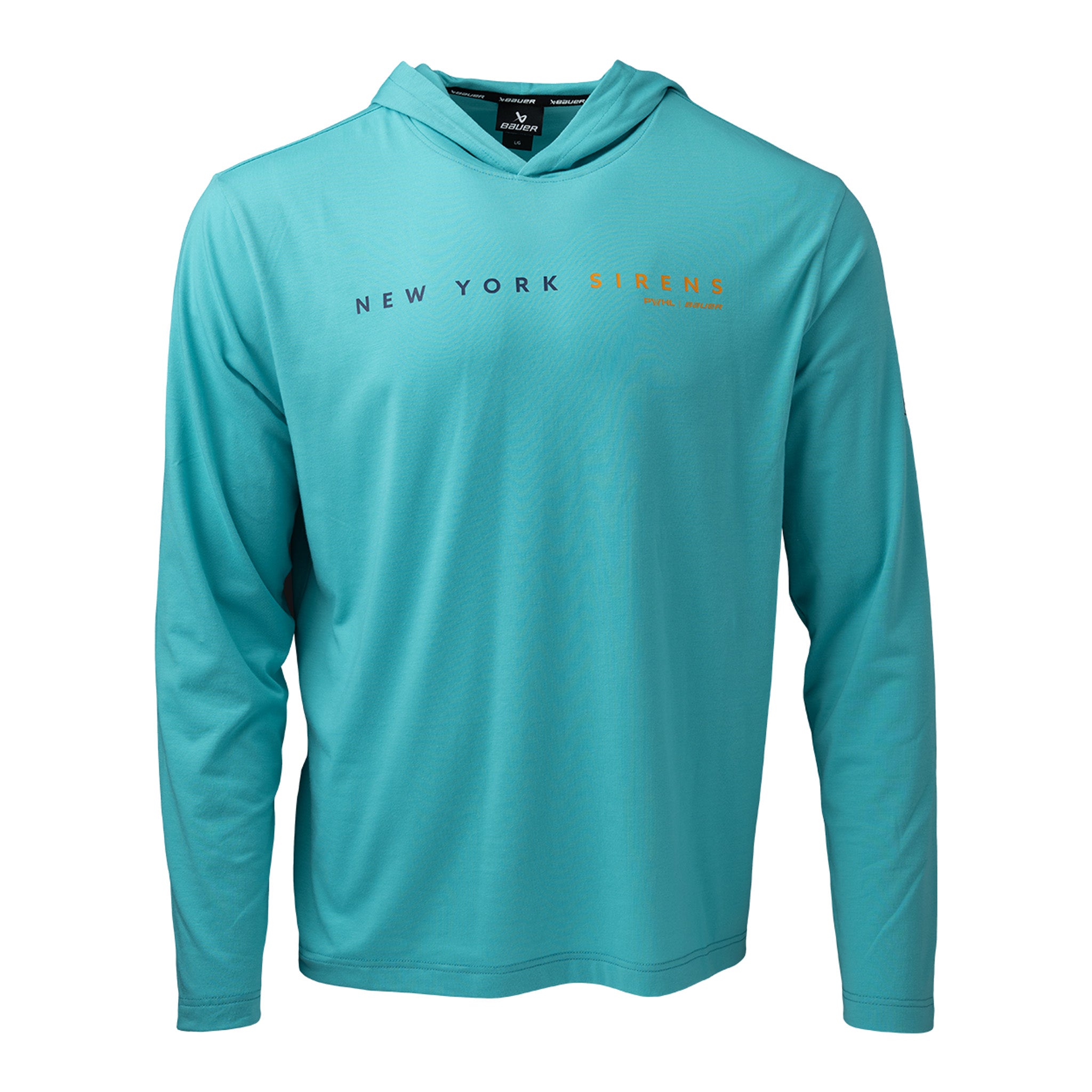 Teal hoodie with 'New York' text on a white background