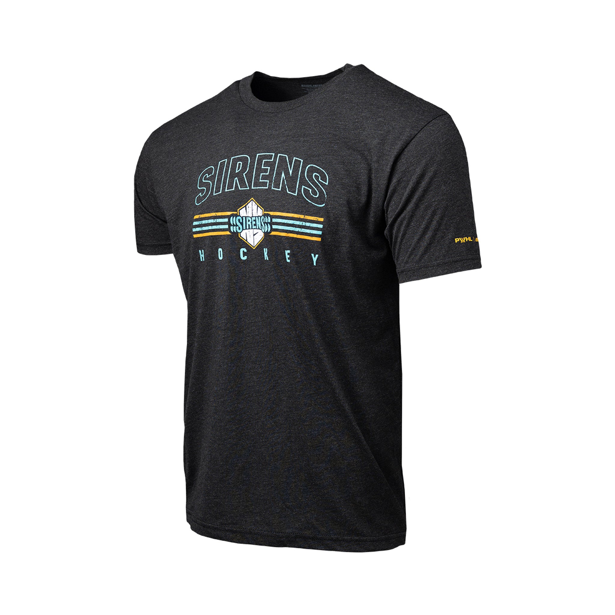Black t-shirt with 'Sirens Hockey' text on a white background