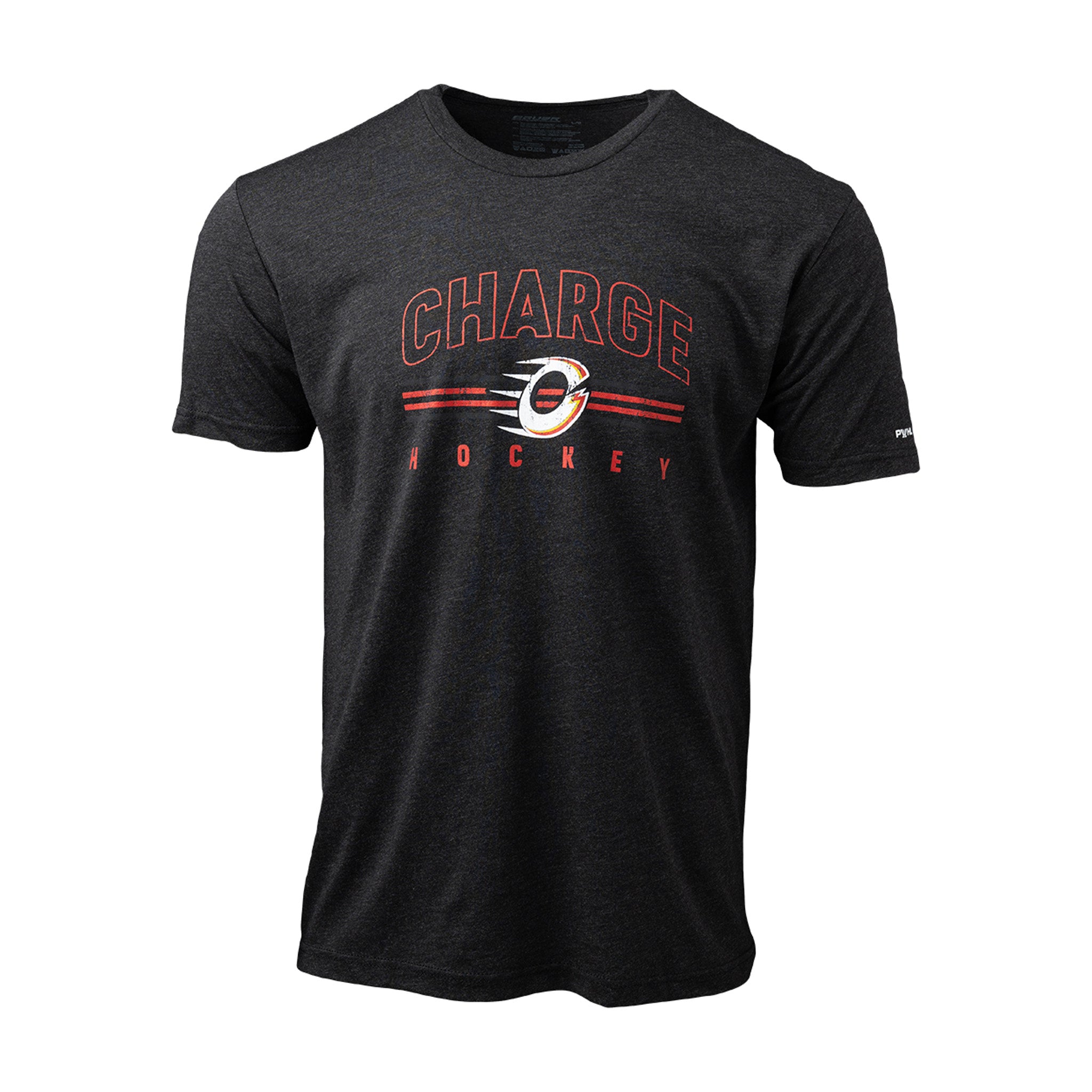 Black t-shirt with 'Charge Hockey' text and logo on a white background