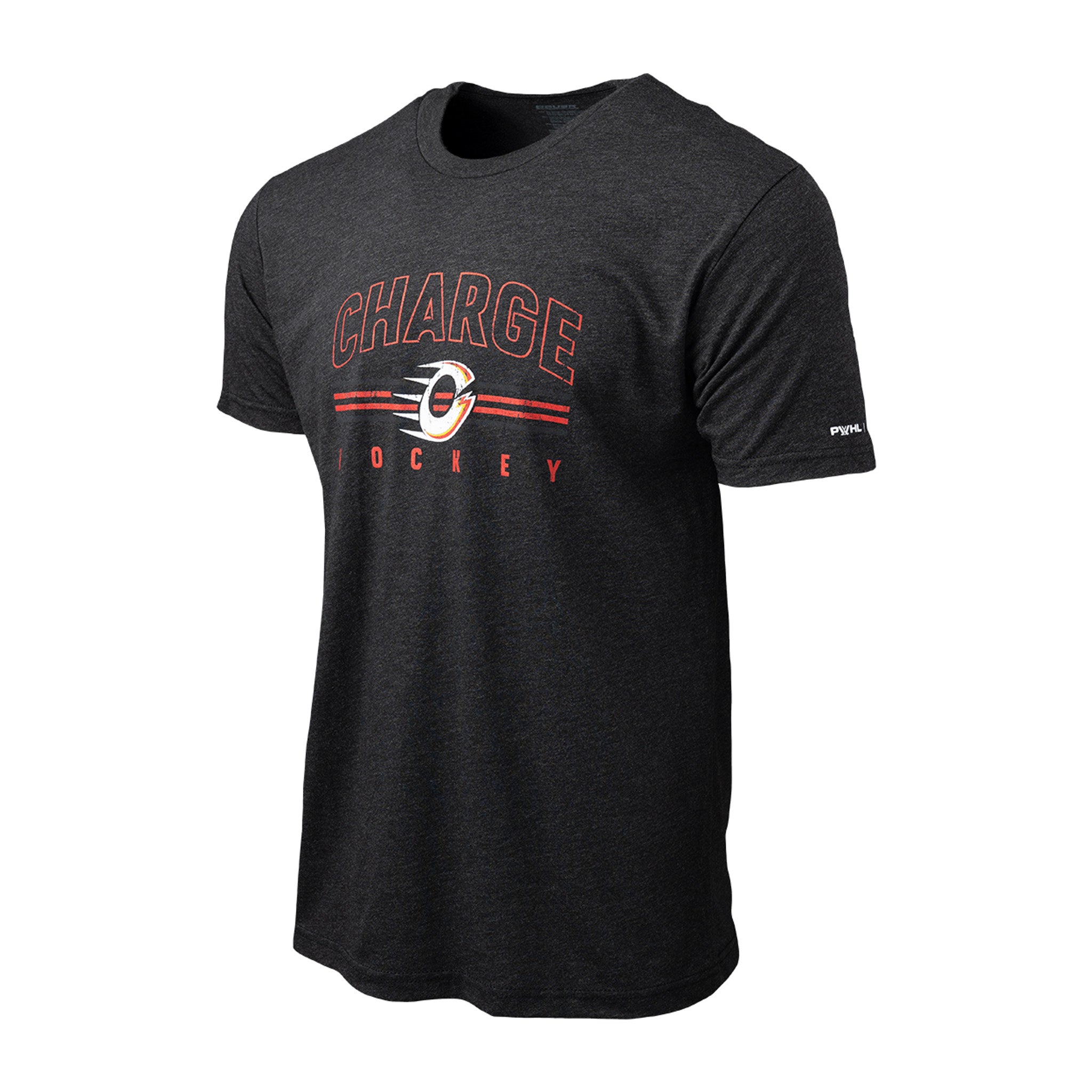 Black t-shirt with 'Charge Hockey' text and logo on a white background
