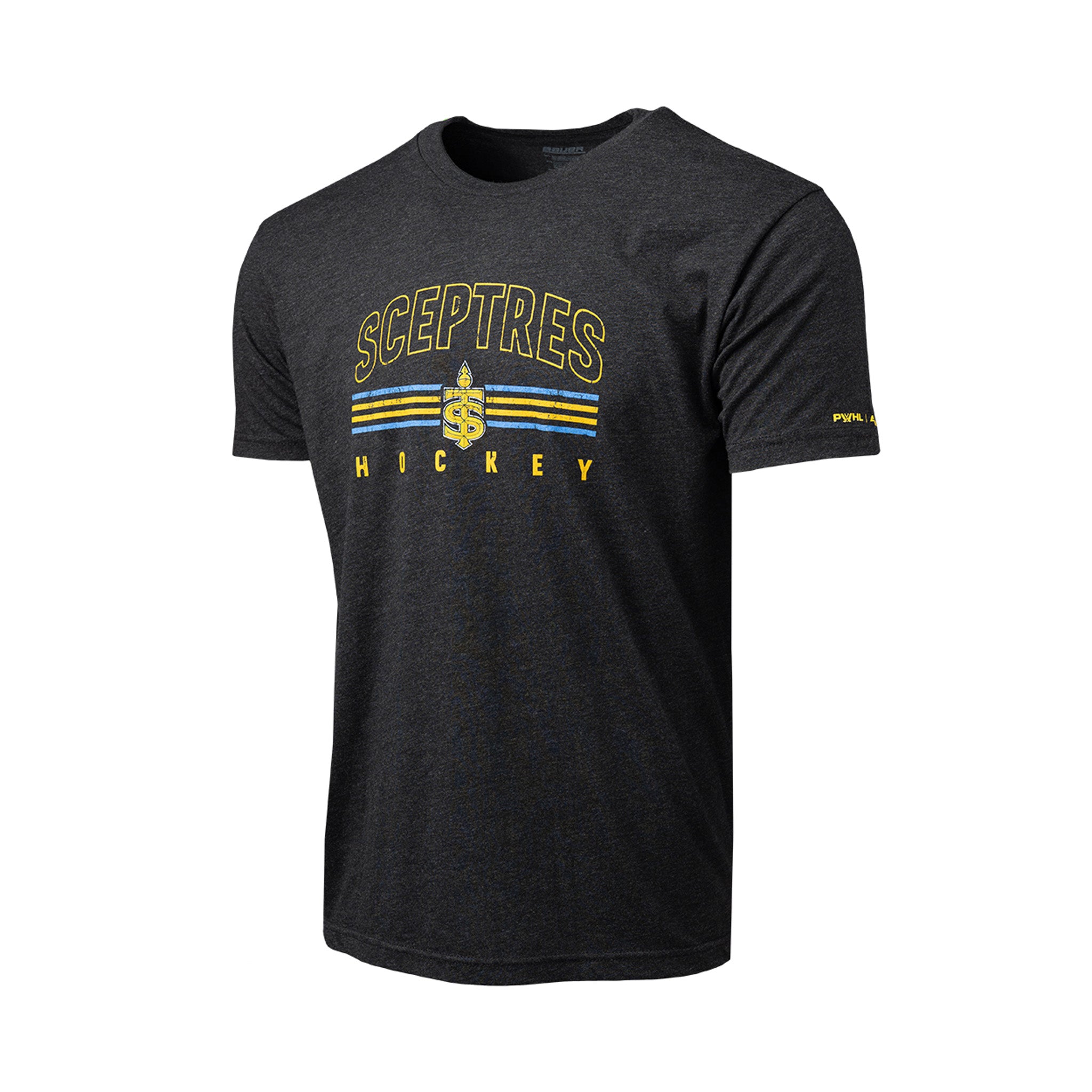 Black t-shirt with 'Sceptres Hockey' logo on a white background