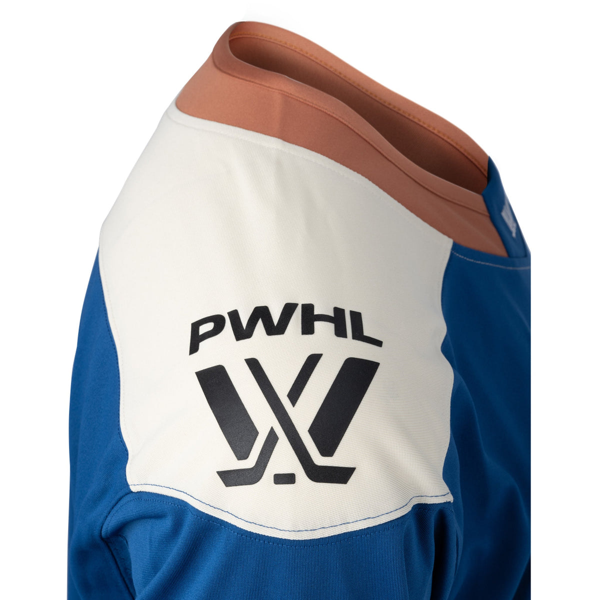 The shoulder of the blue jersey is cream with a black PWHL logo and a tan collar.