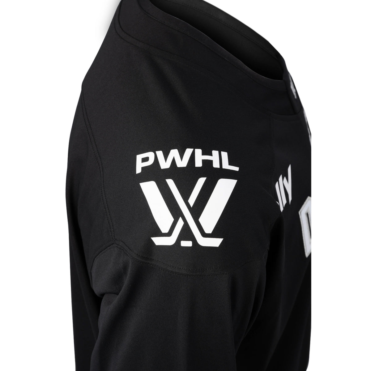 The right shoulder of a black jersey with a white PWHL logo on it. 