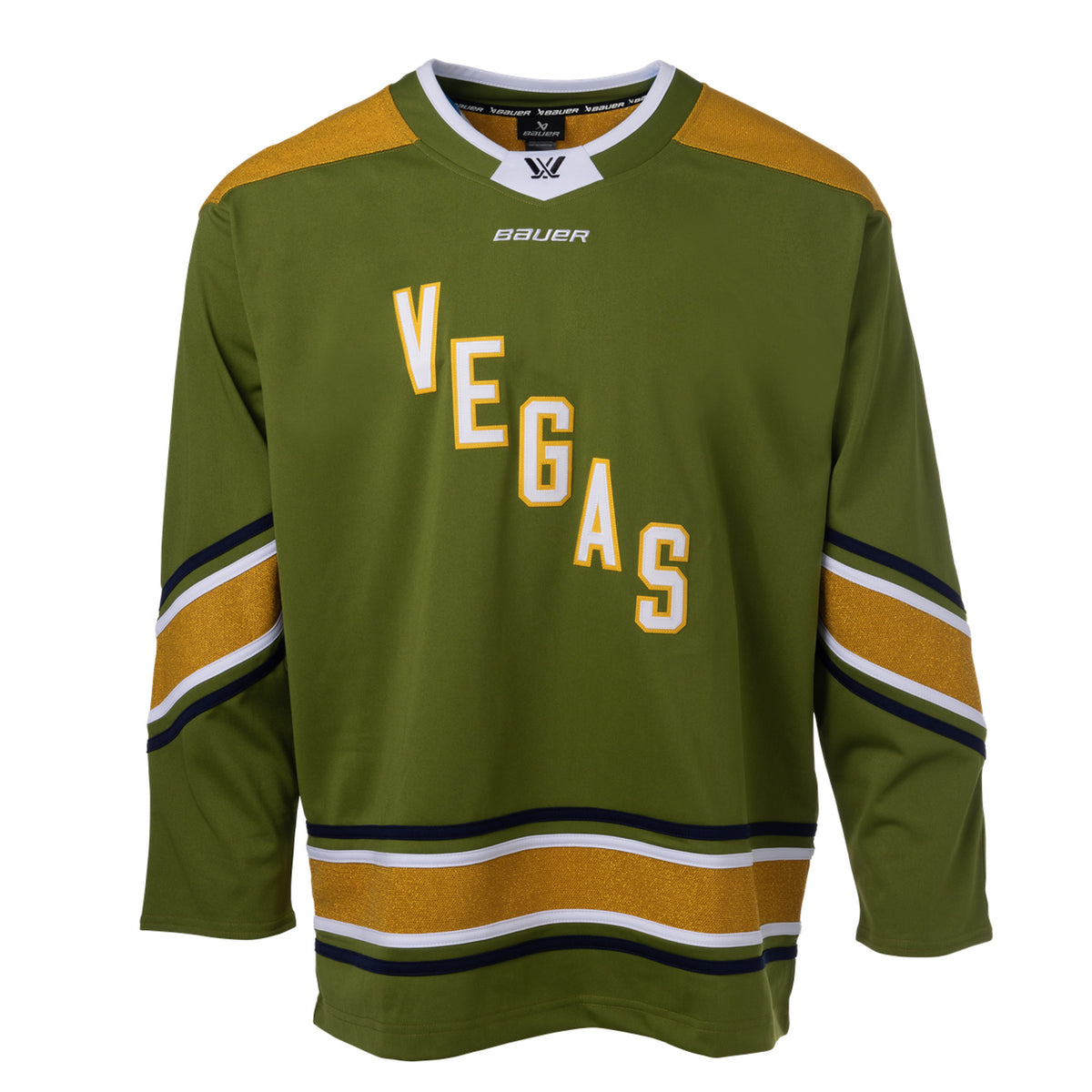 Front of a green jersey with sparkling gold shoulder caps and stripes along the sleeves and bottom hem surrounded by white and black stripes. In white outlined in gold reads 'VEGAS' diagonally across the chest. The collar is green with white trim on top. A black PWHL logo is centered on the collar with a white BAUER logo below it. 