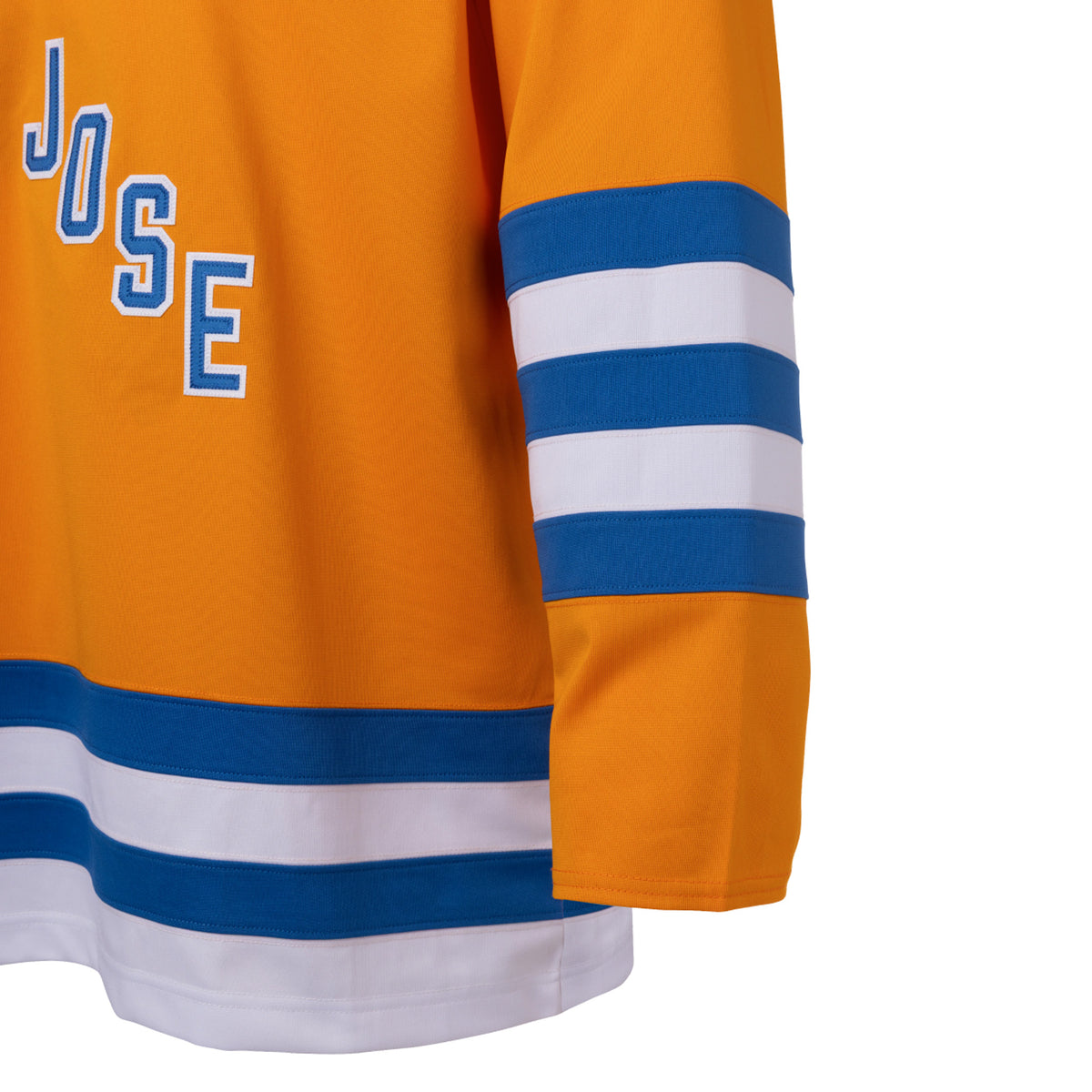 Front of an orange jersey with blue and white stripes along the sleeves and bottom hem. In blue with white outlining is 'SAN JOSE' diagonally across the chest. 