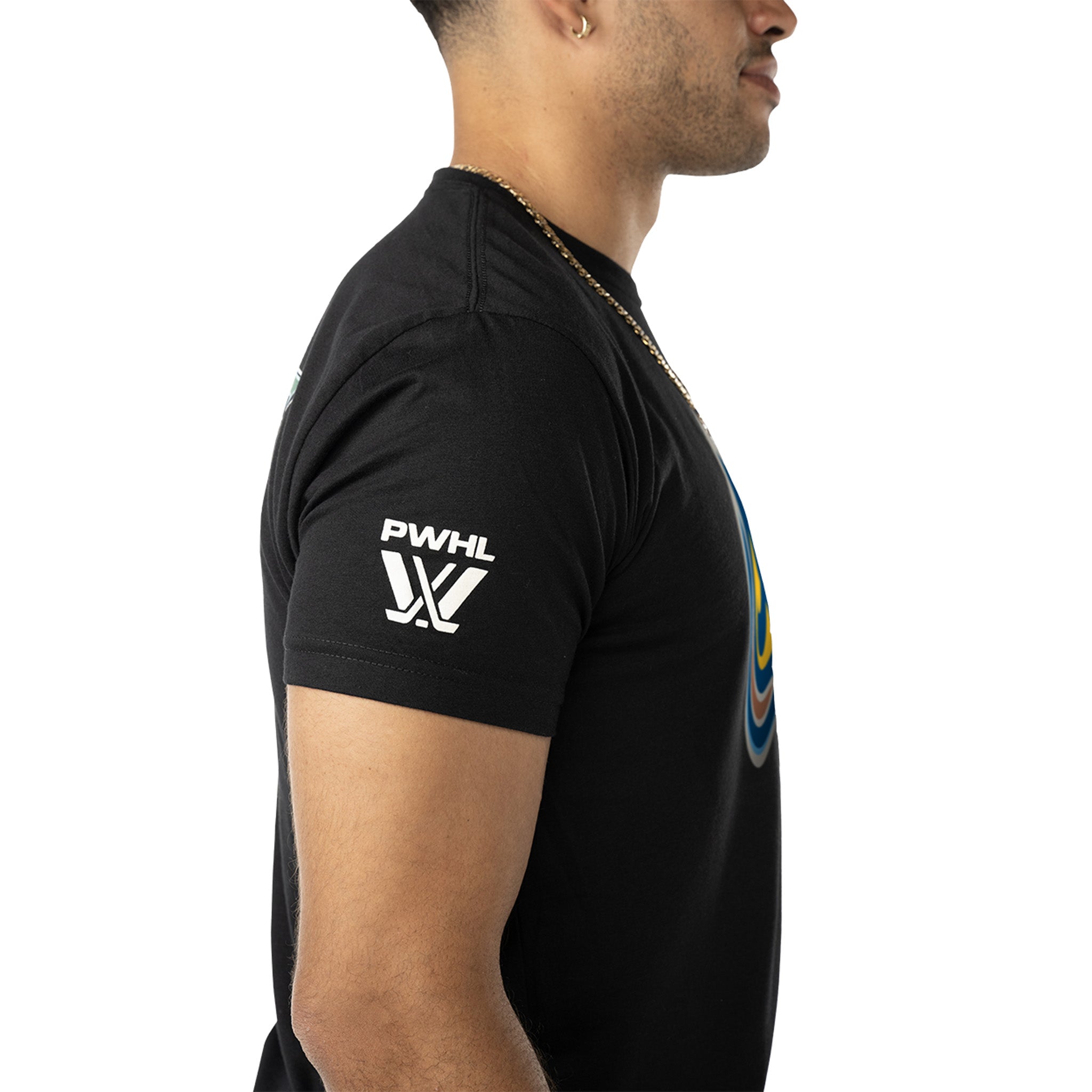 Person wearing a black t-shirt with a logo on the sleeve against a white background
