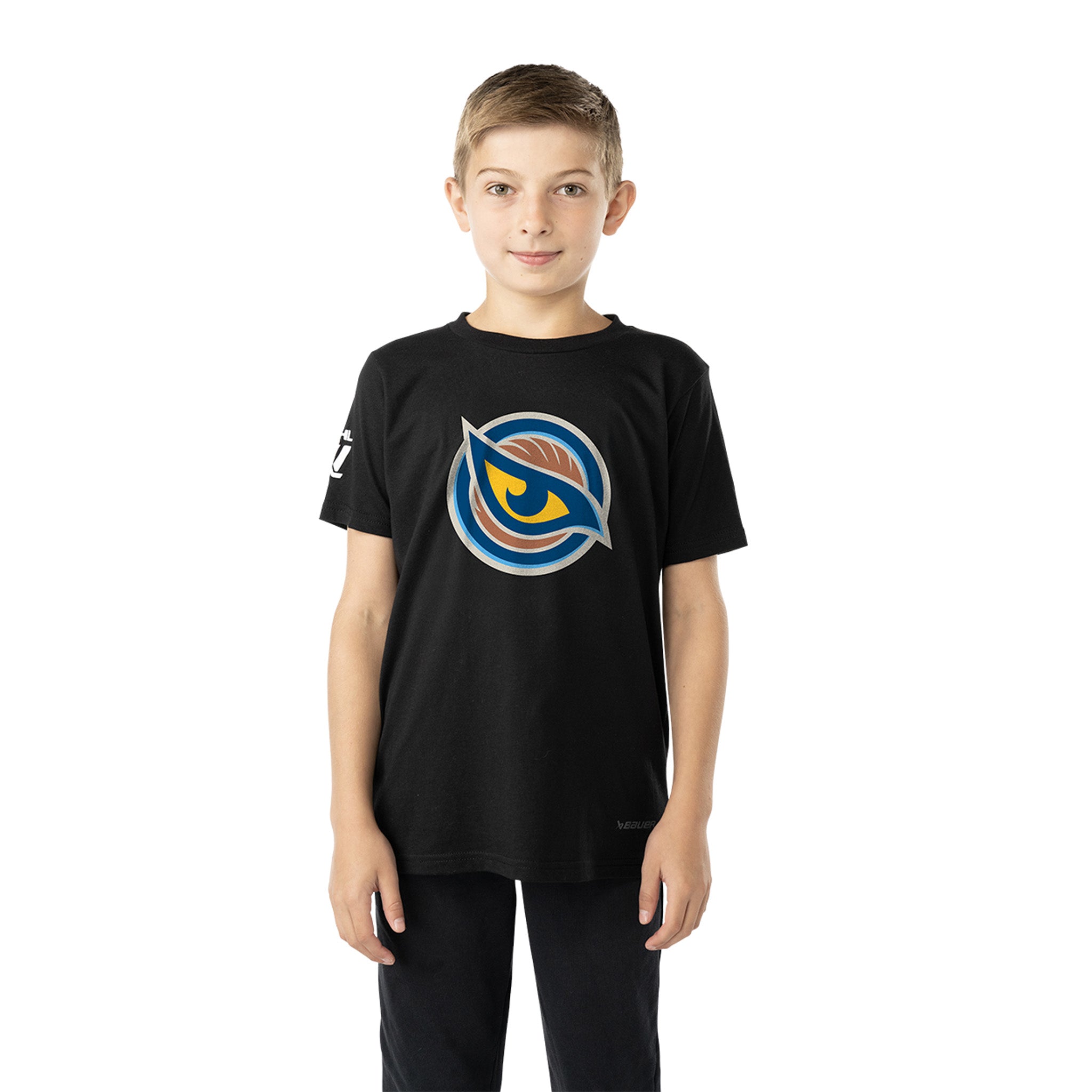 Child wearing a black t-shirt with a Vancouver Goldeneyes logo on a white background