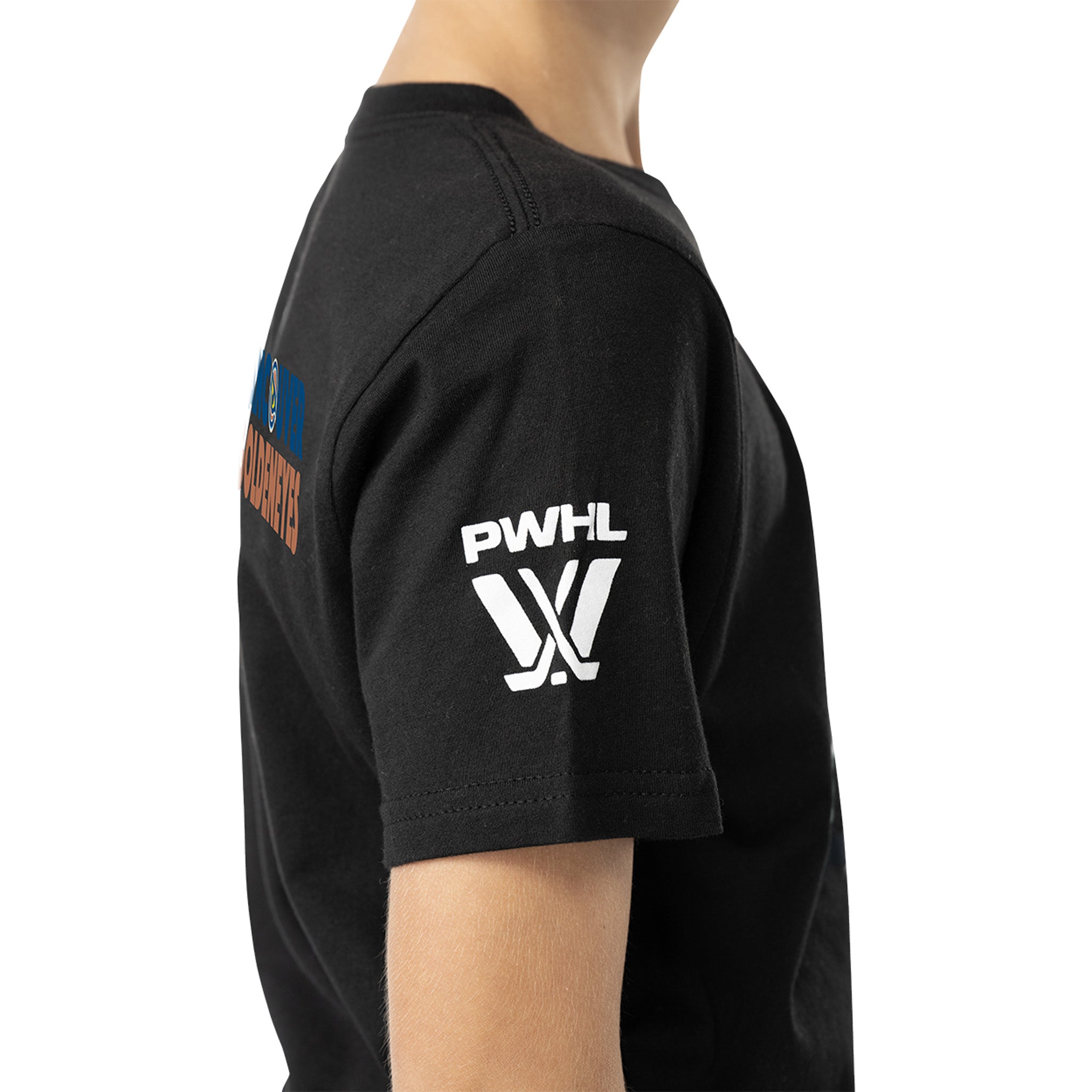 Black t-shirt with PWHL logo on a white background