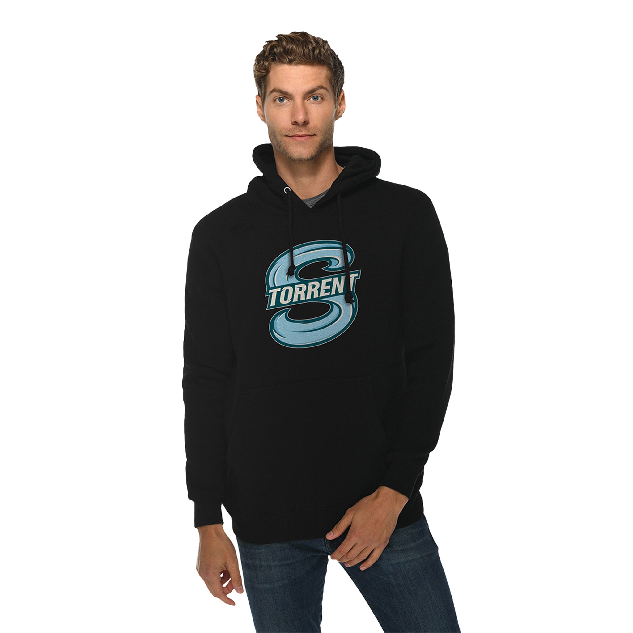 Man wearing a black hoodie with the Seattle Torrent logo on a white background