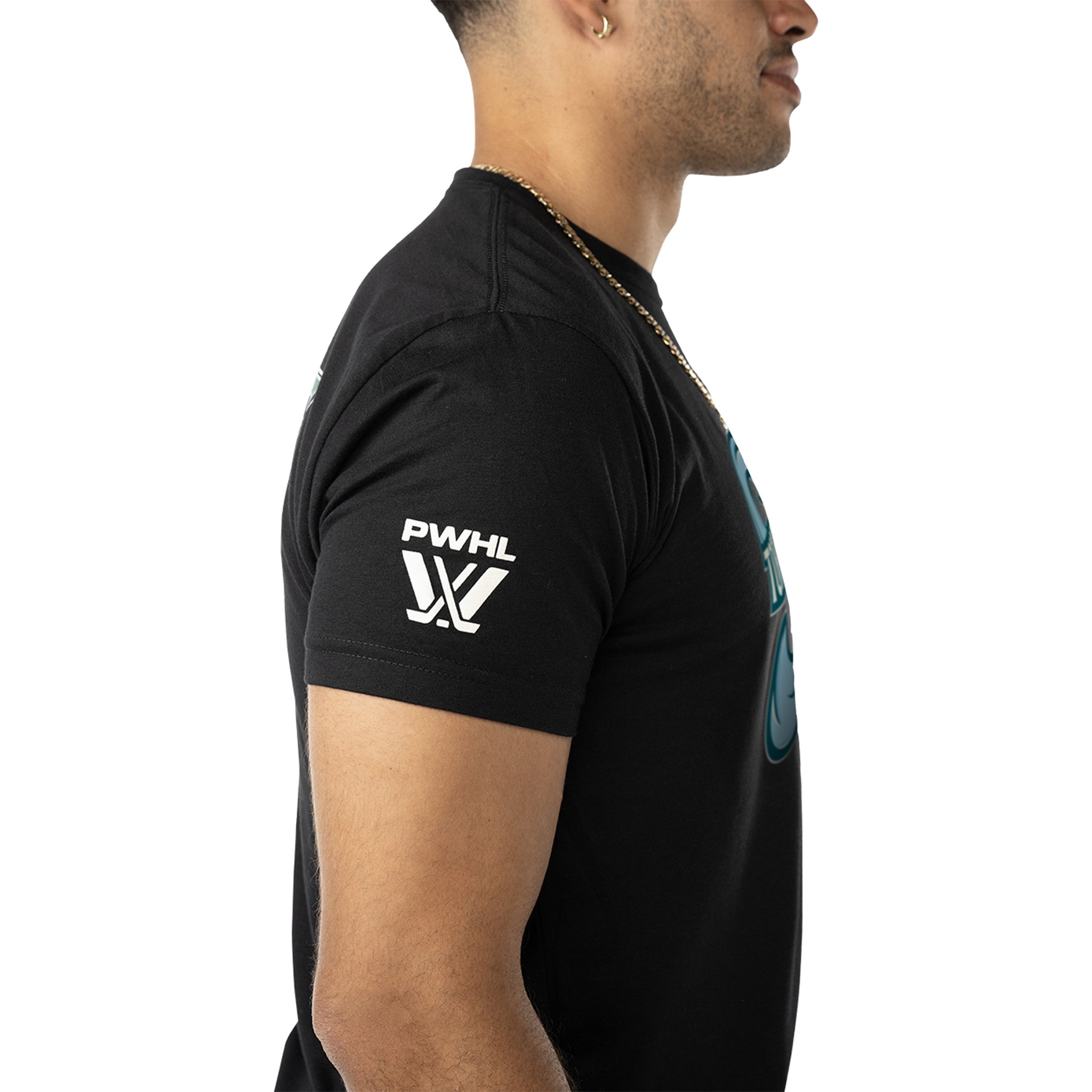 Person wearing a black t-shirt with a logo on the sleeve against a white background
