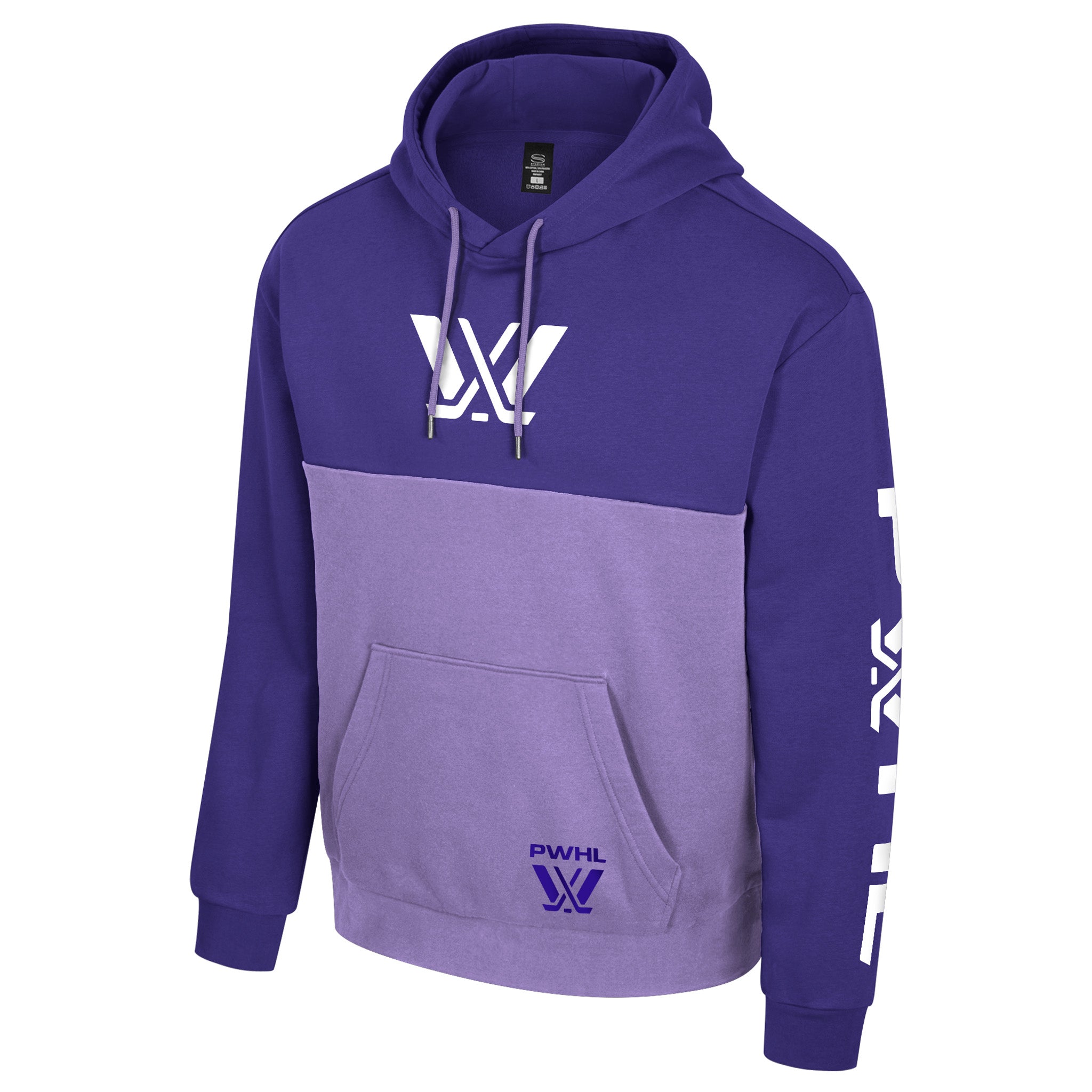 Purple and gray hoodie with logos on a white background