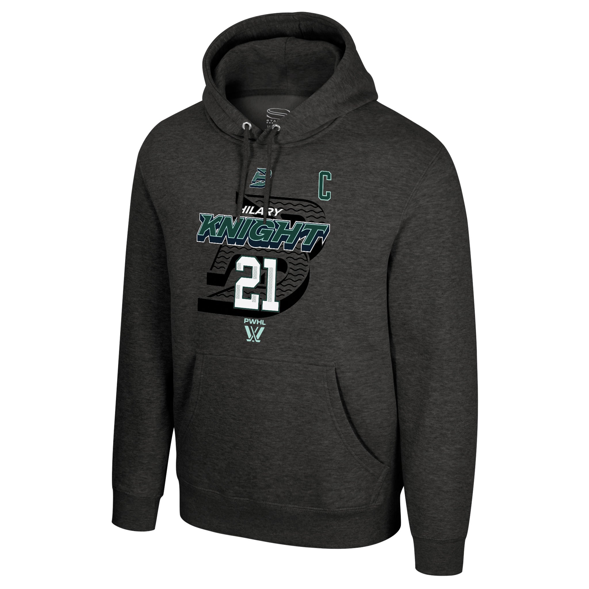 Boston Fleet dark heather gray graphic hoodie featuring a custom design for 'Hilary Knight 21' with a stylized hockey player silhouette, team logo, and 'PWHL' logo.