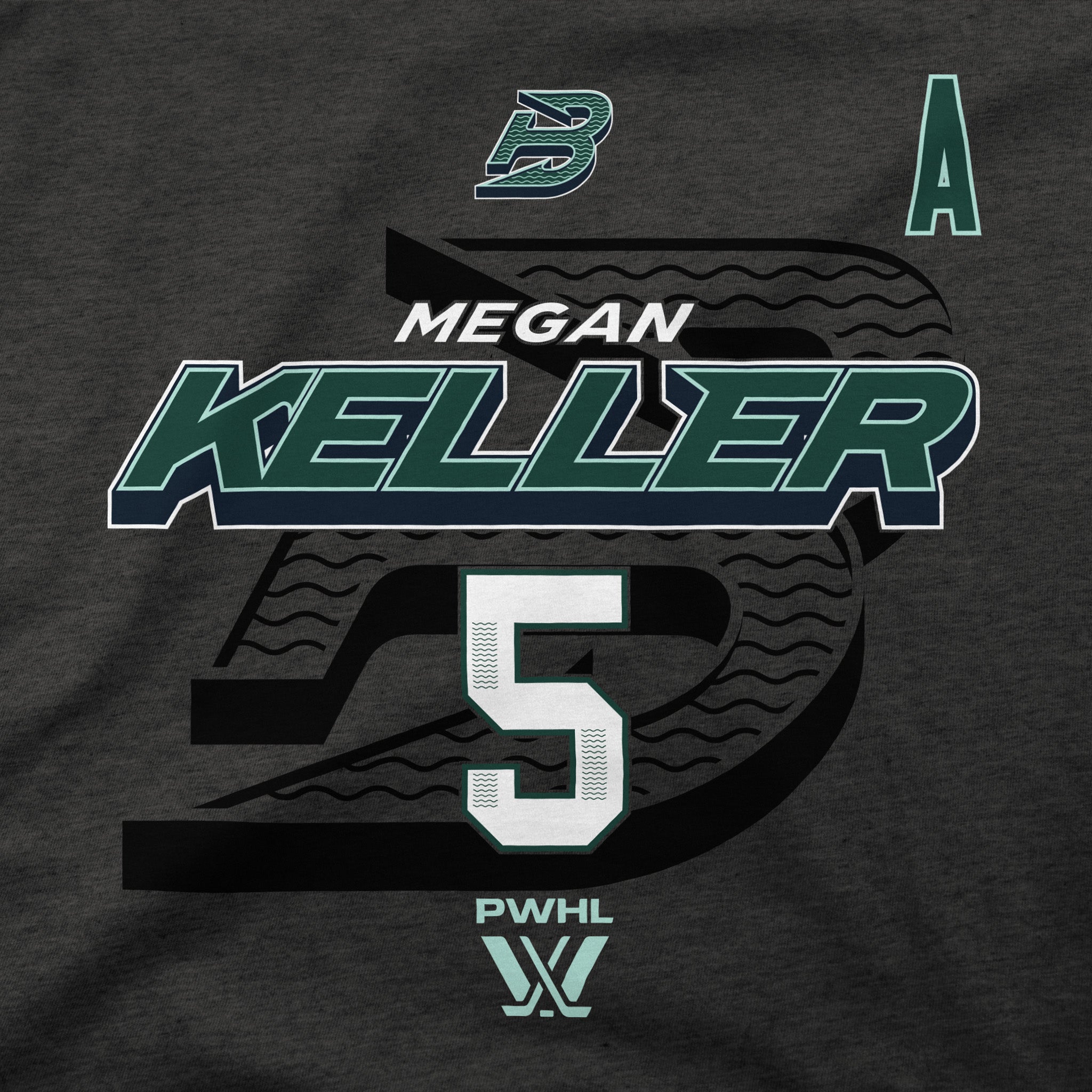 A close-up of a dark heather gray t-shirt featuring a custom printed graphic for Megan Keller, a PWHL player. The graphic includes her name in stylized green and white lettering, the number 5, a large dark gray letter 'S' with tire tread details, and team logos at the top.