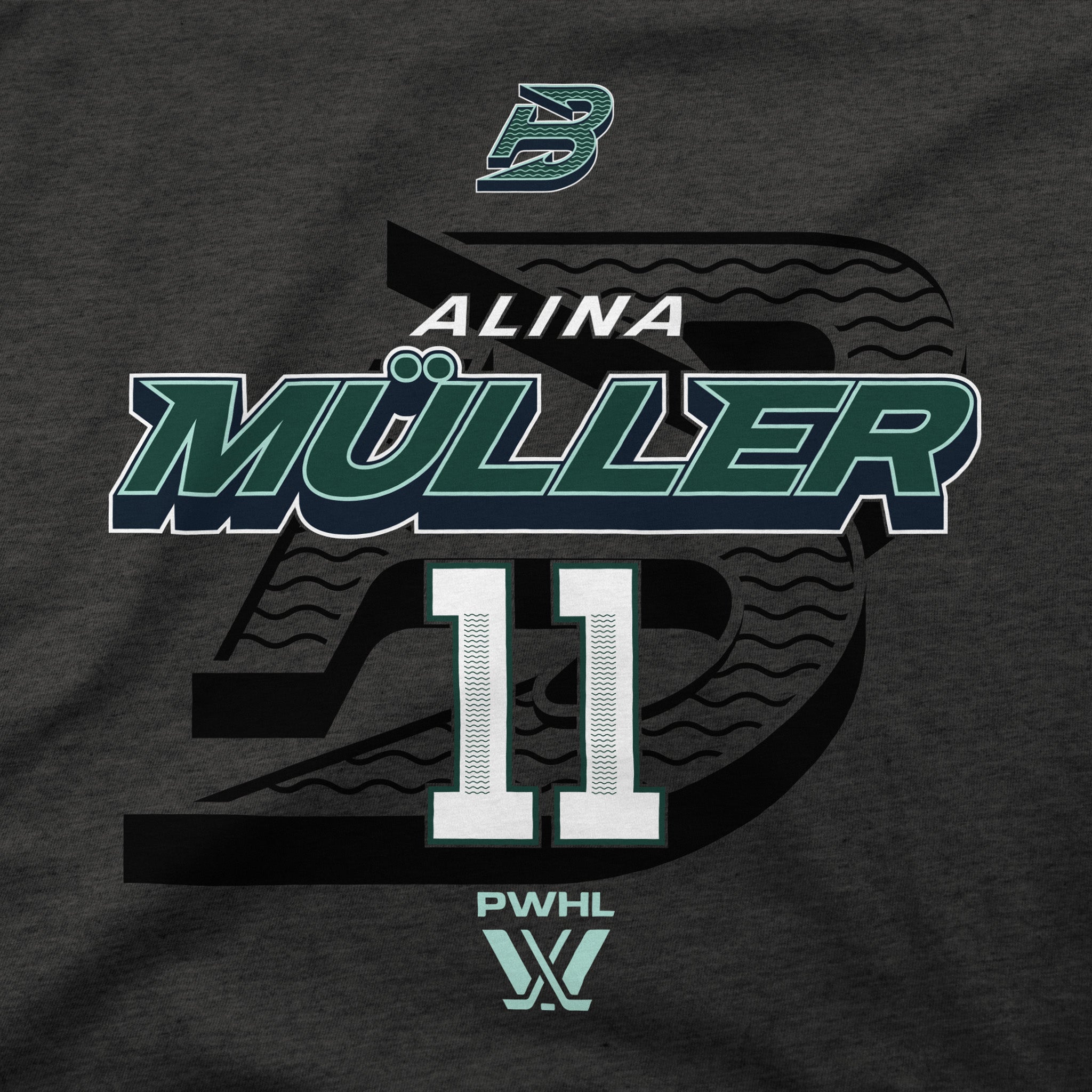 Close-up of a dark heather gray graphic hoodie featuring a custom sports design for Alina Muller, number 11, with a stylized letter B logo and PWHL logo.