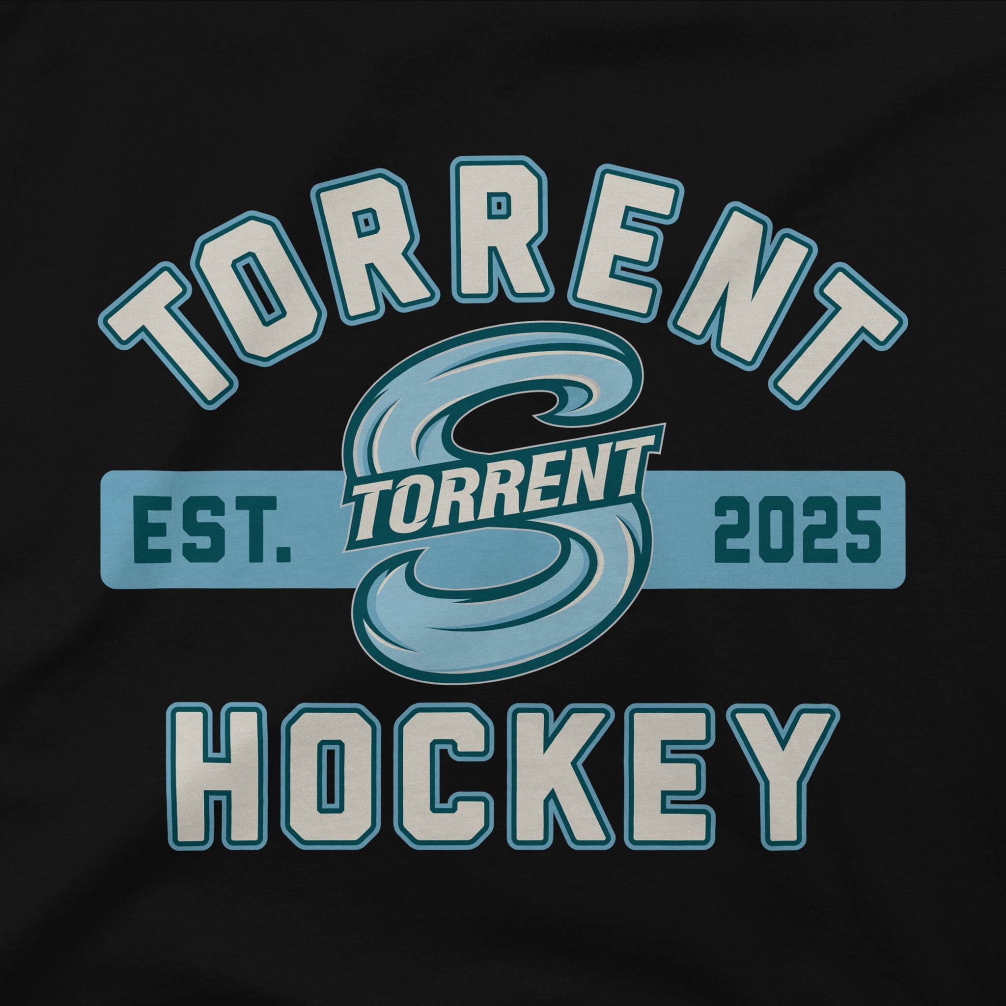 A close-up of a black garment featuring a large collegiate-style graphic that reads 'TORRENT HOCKEY' with a stylized blue 'T' logo and 'EST. TORRENT 2025' across the center.