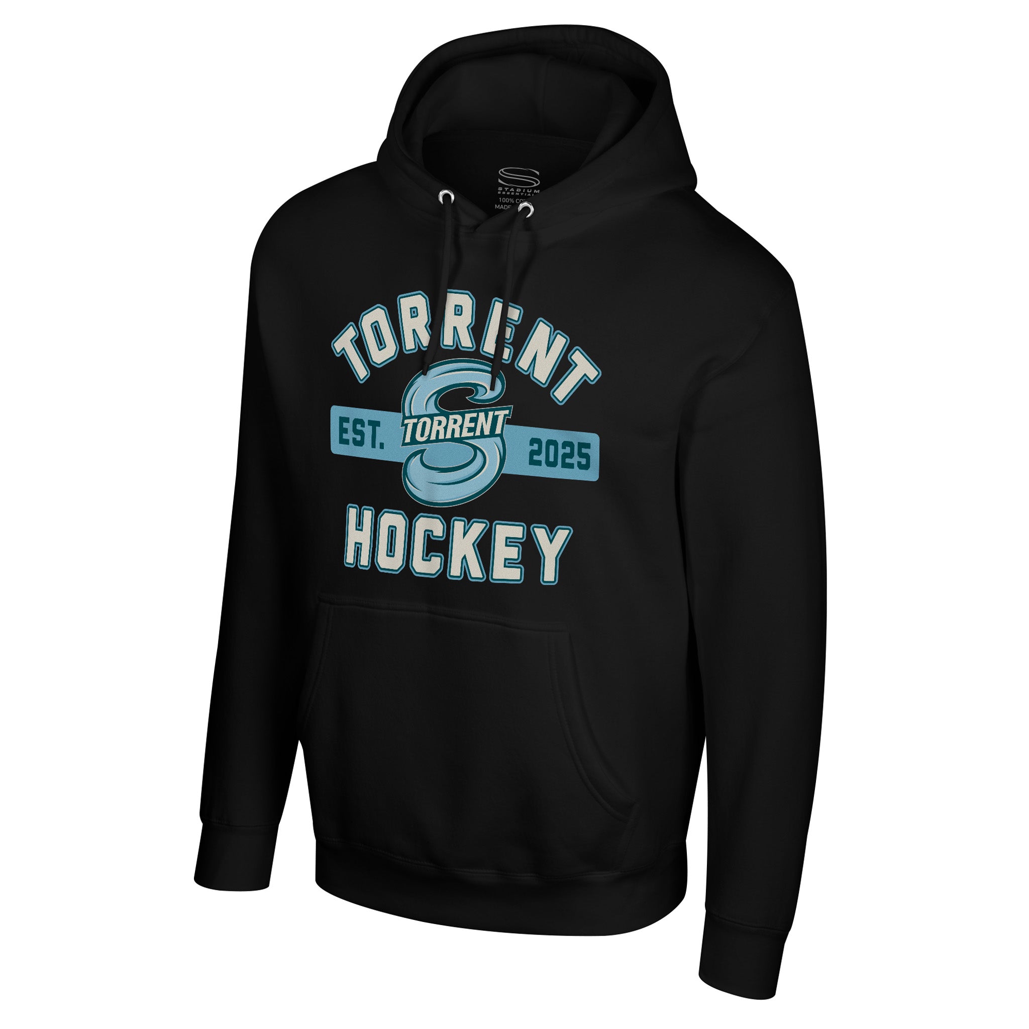 A black pullover hoodie featuring a light blue and white graphic on the chest that reads 'TORRINT EST. TORRENT 2025 HOCKEY' with a stylized ice hockey stick and puck logo, shown on a plain white background.