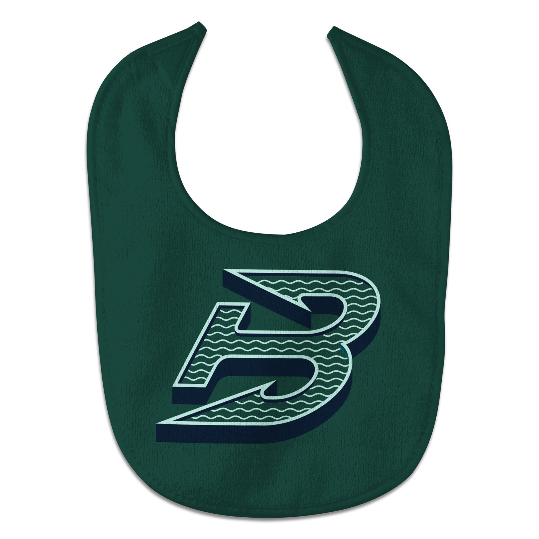 Green bib with a logo on a white background