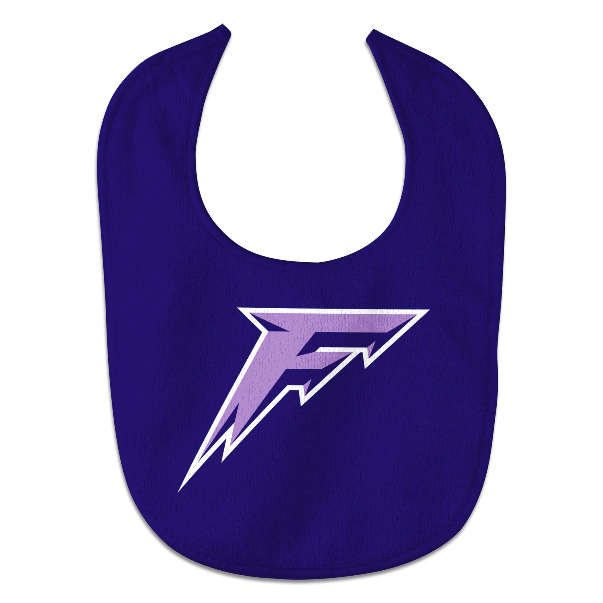 Purple bib with a logo on a white background