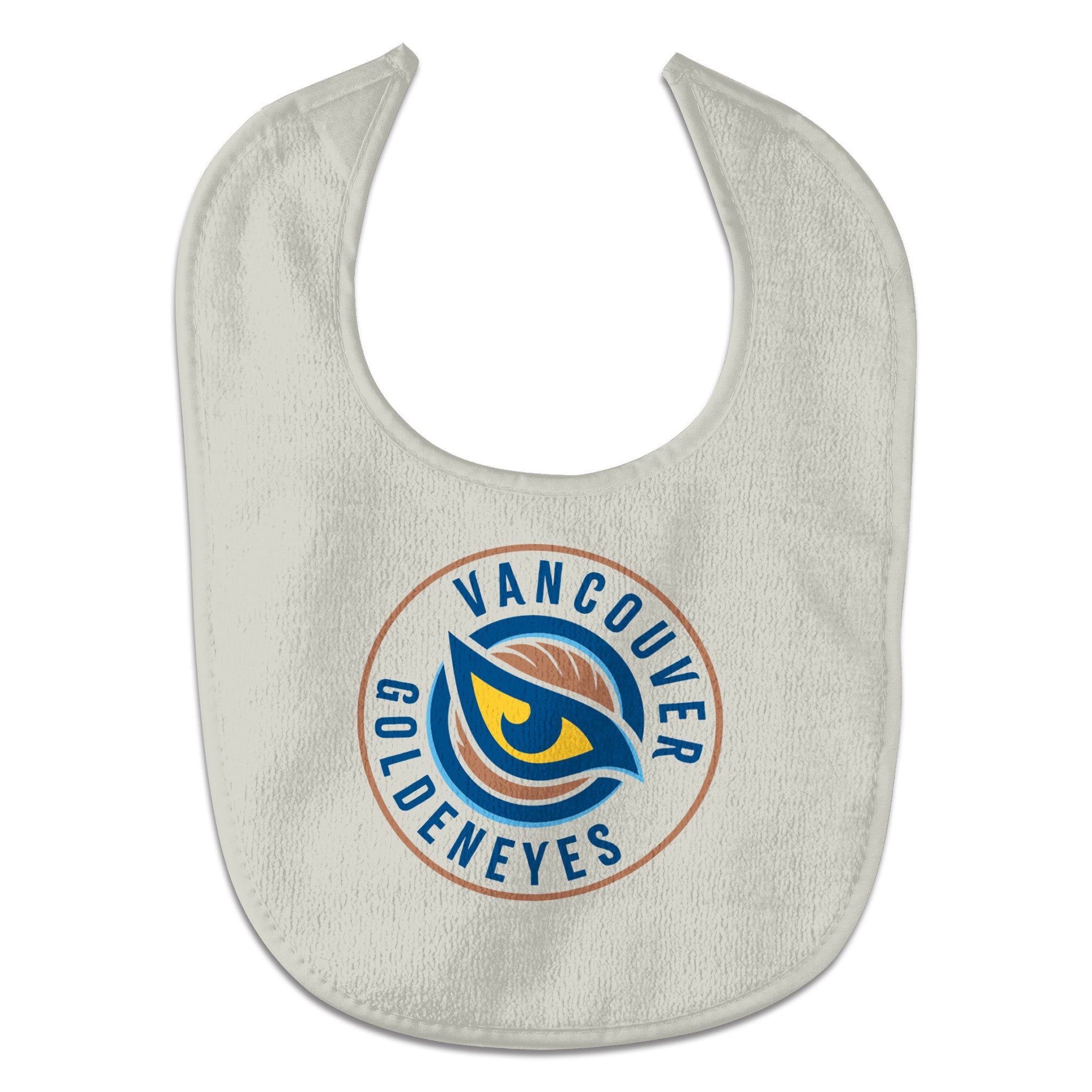White bib with Vancouver Goldeneneyes logo on a white background