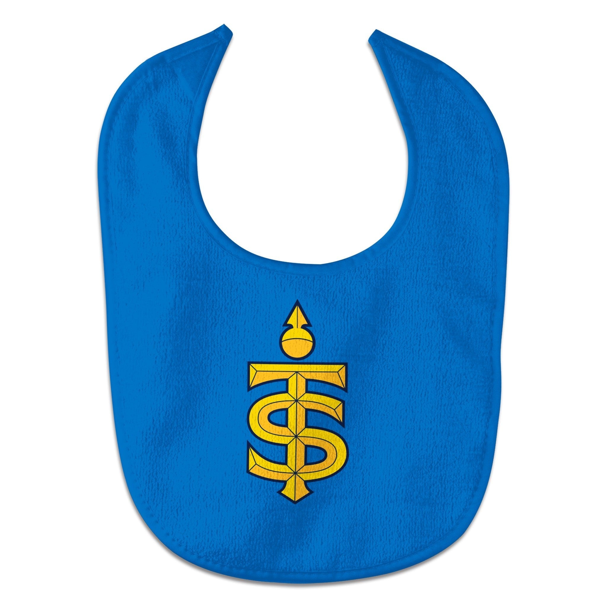 Blue bib with yellow emblem on a white background