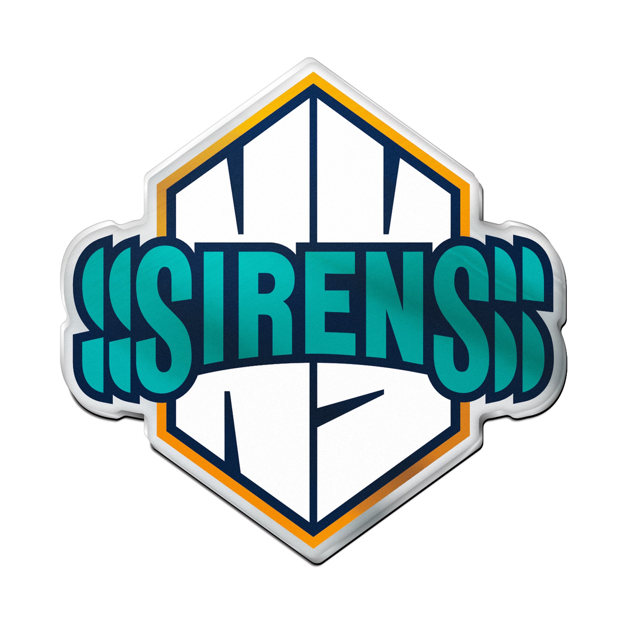 Hexagonal logo with 'SIRENS' text in teal and orange border on a white background