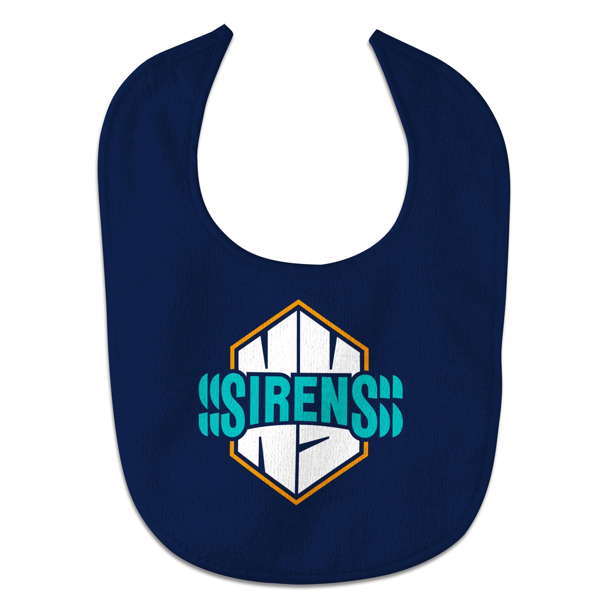 Navy blue bib with 'Sirens' logo on a white background