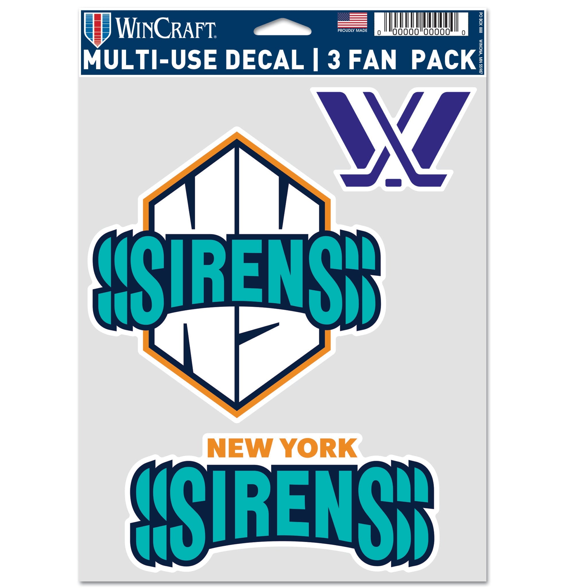 Pack of Wincraft multi-use decals with 'New York Sirens' design on a white background