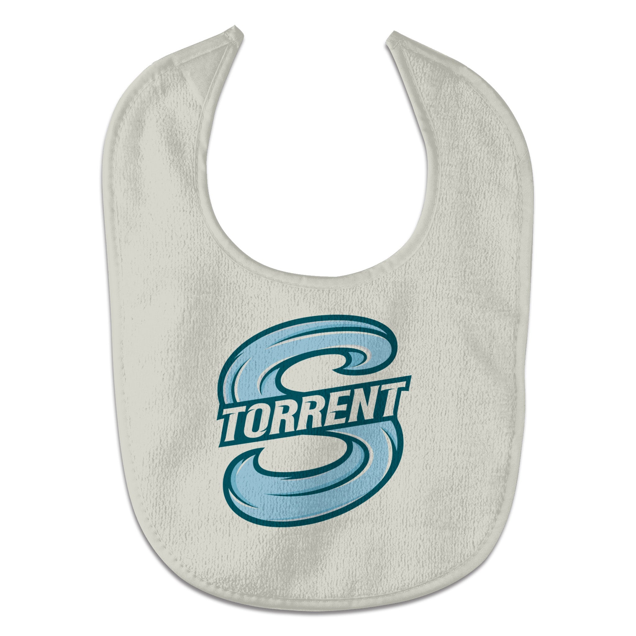 White bib with blue and green 'Torrent' logo on a white background