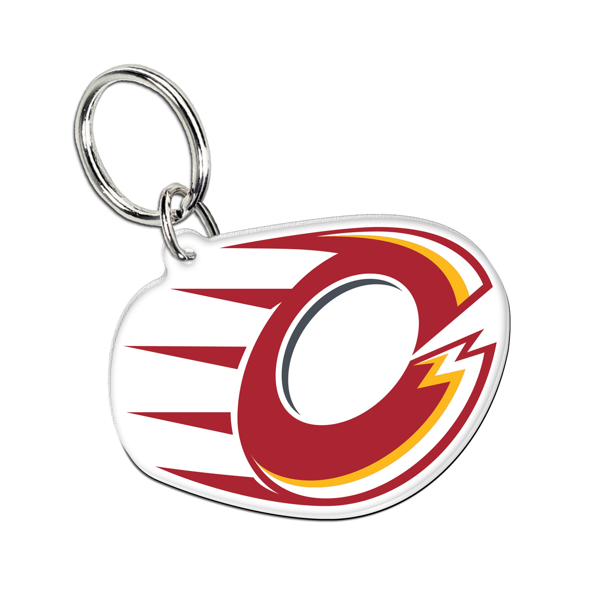 Keychain with a red and white logo featuring a stylized letter 'O' on a white background