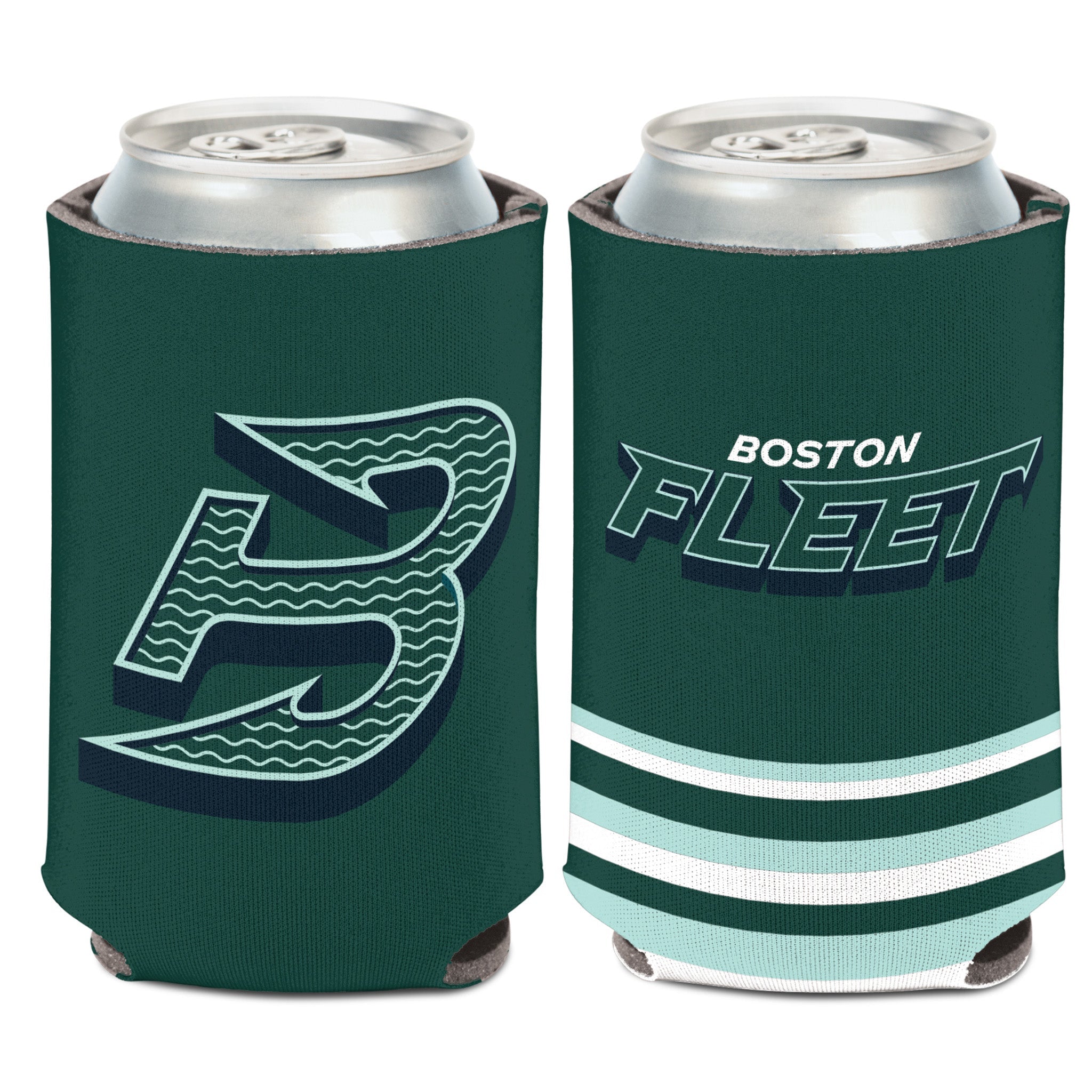 two sides of a green can cooler with 'Boston Fleet' branding on a white background