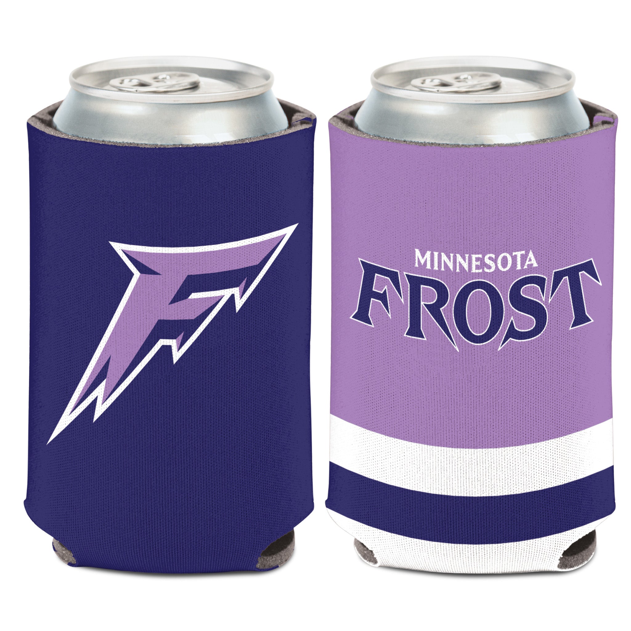 Two sides of a can cooler with a purple and white design featuring a logo and text on a white background.