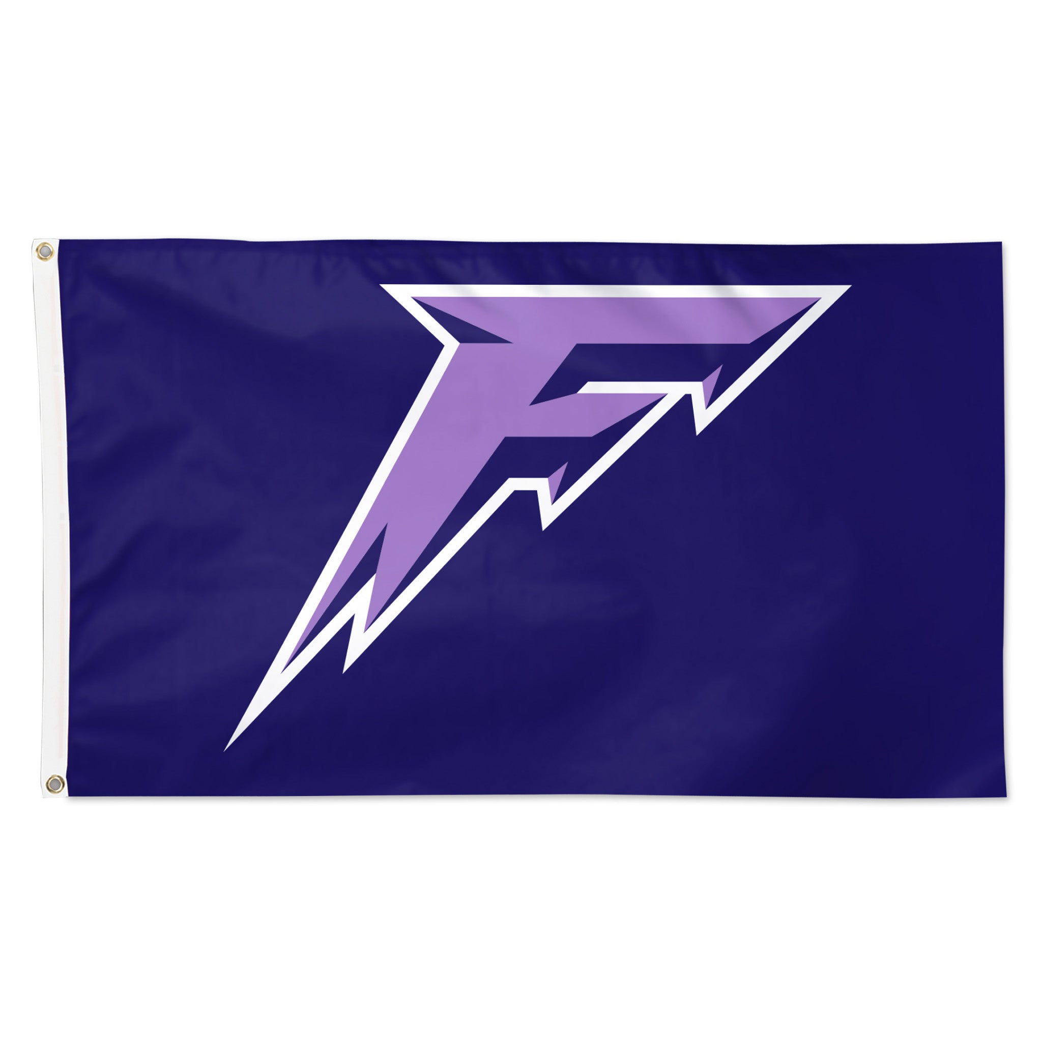 Flag with a purple and white logo on a white background