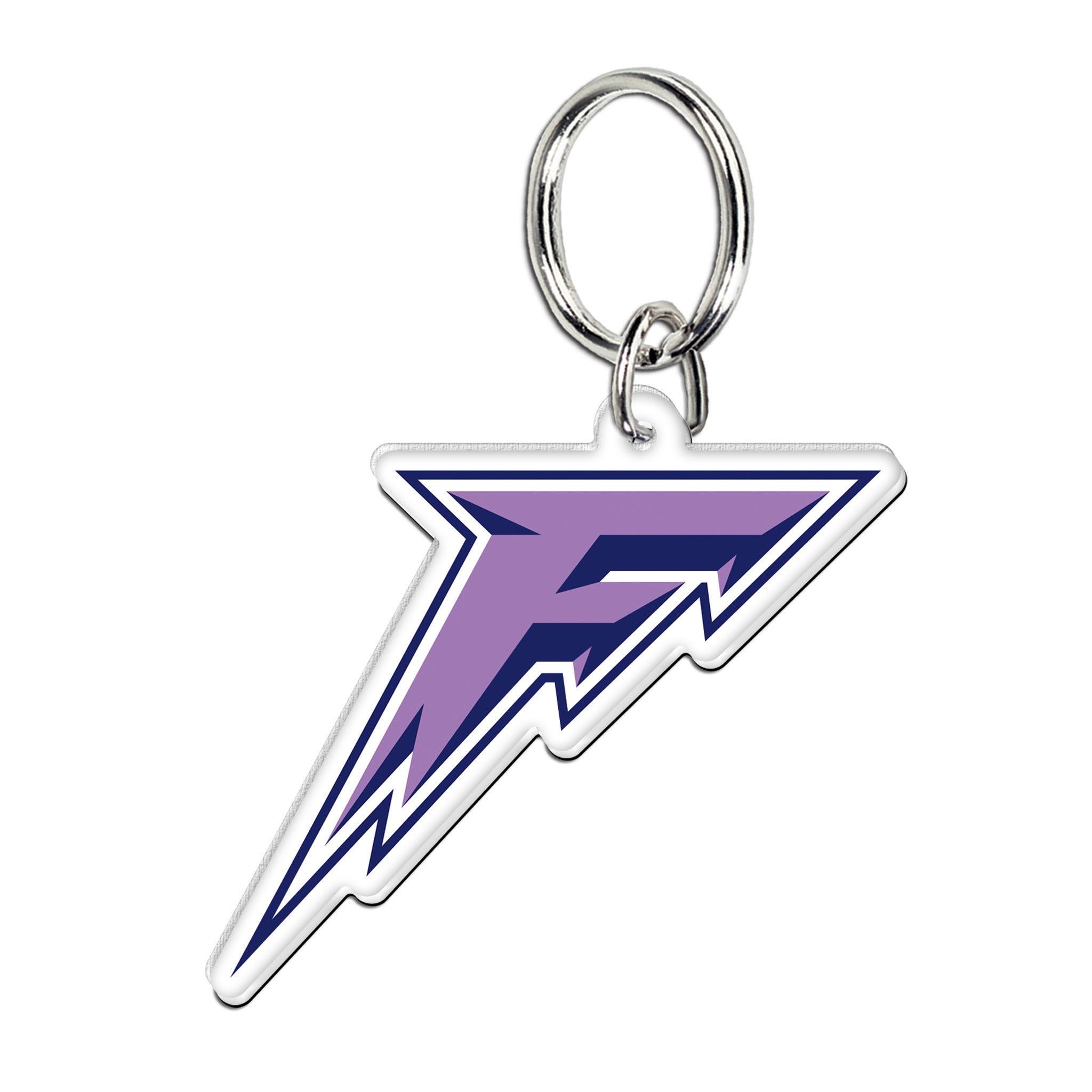 Keychain with a purple and blue logo on a white background
