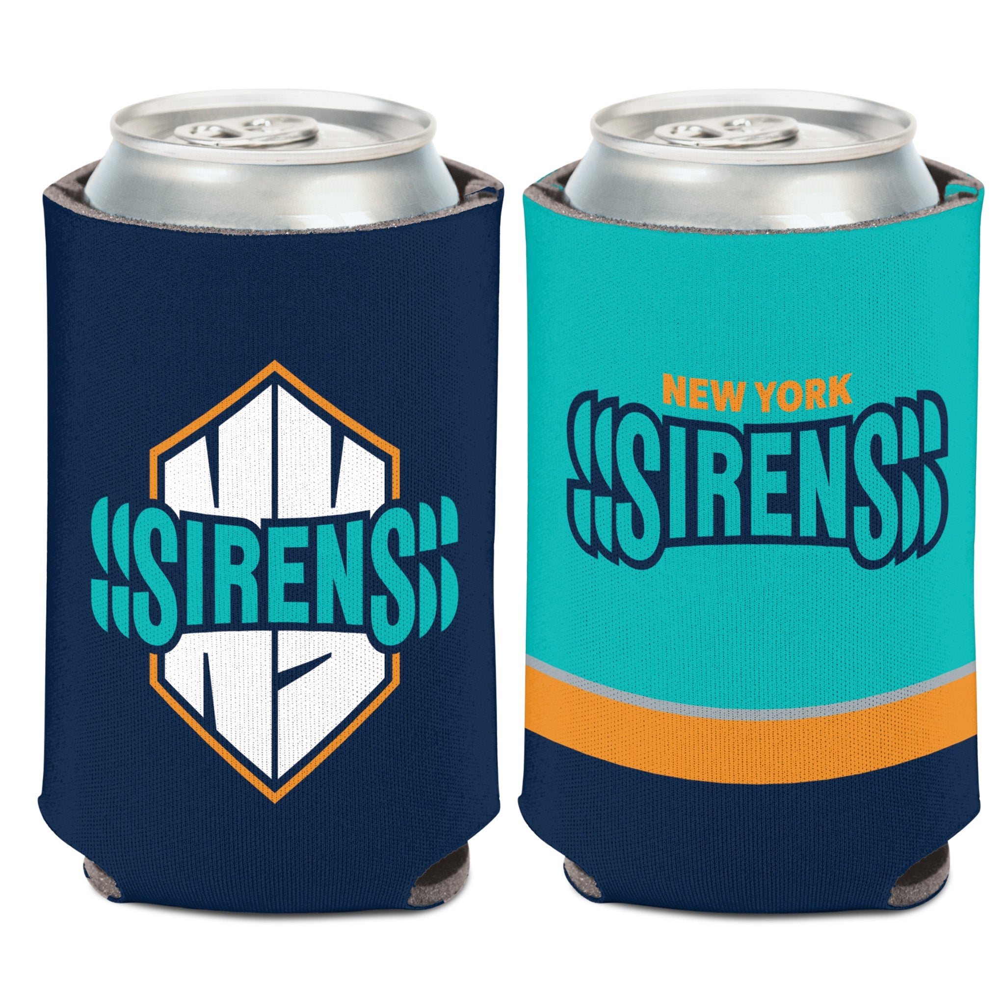 Two sides of a can cooler with 'Sirens' branding on a white background