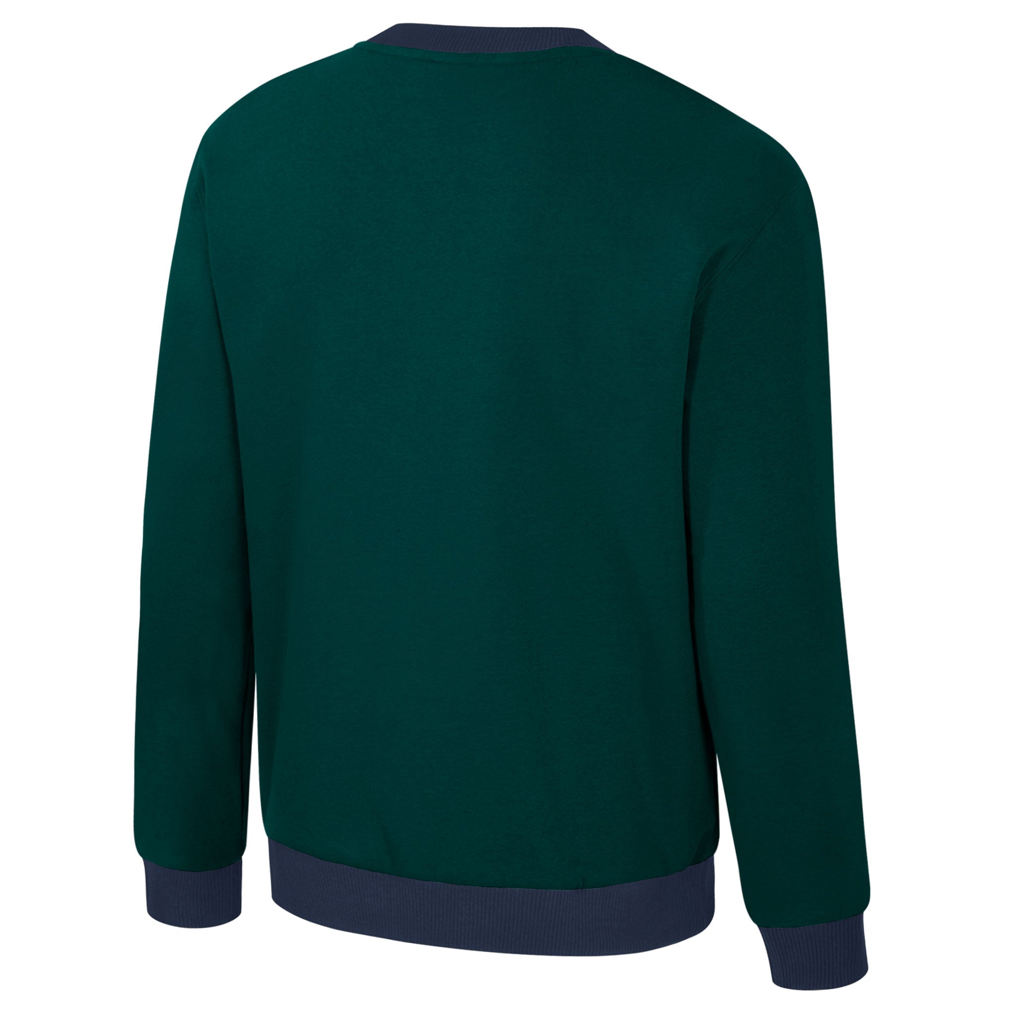 Green sweatshirt with navy trim on a white background