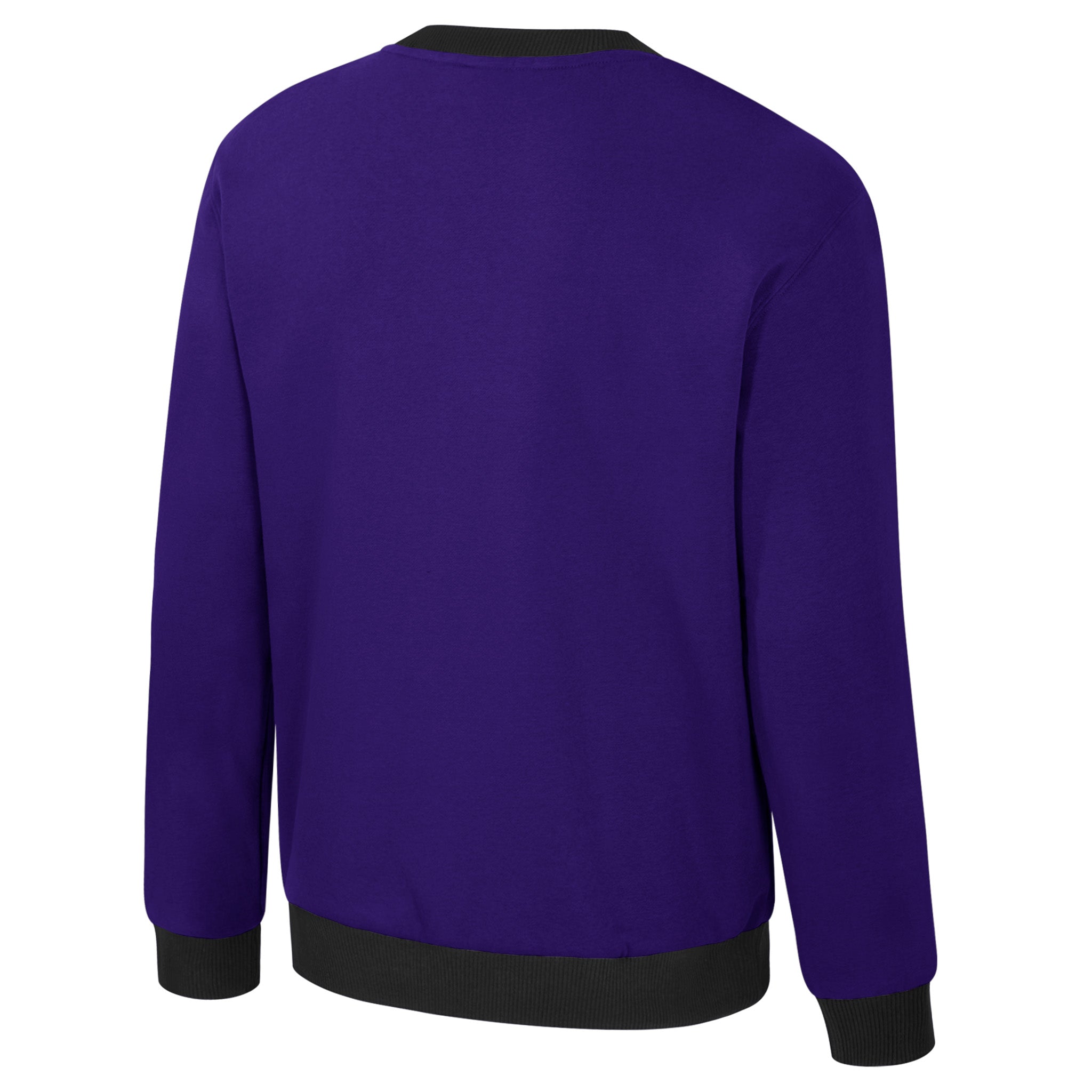 Purple sweatshirt with black cuffs and hem on a white background