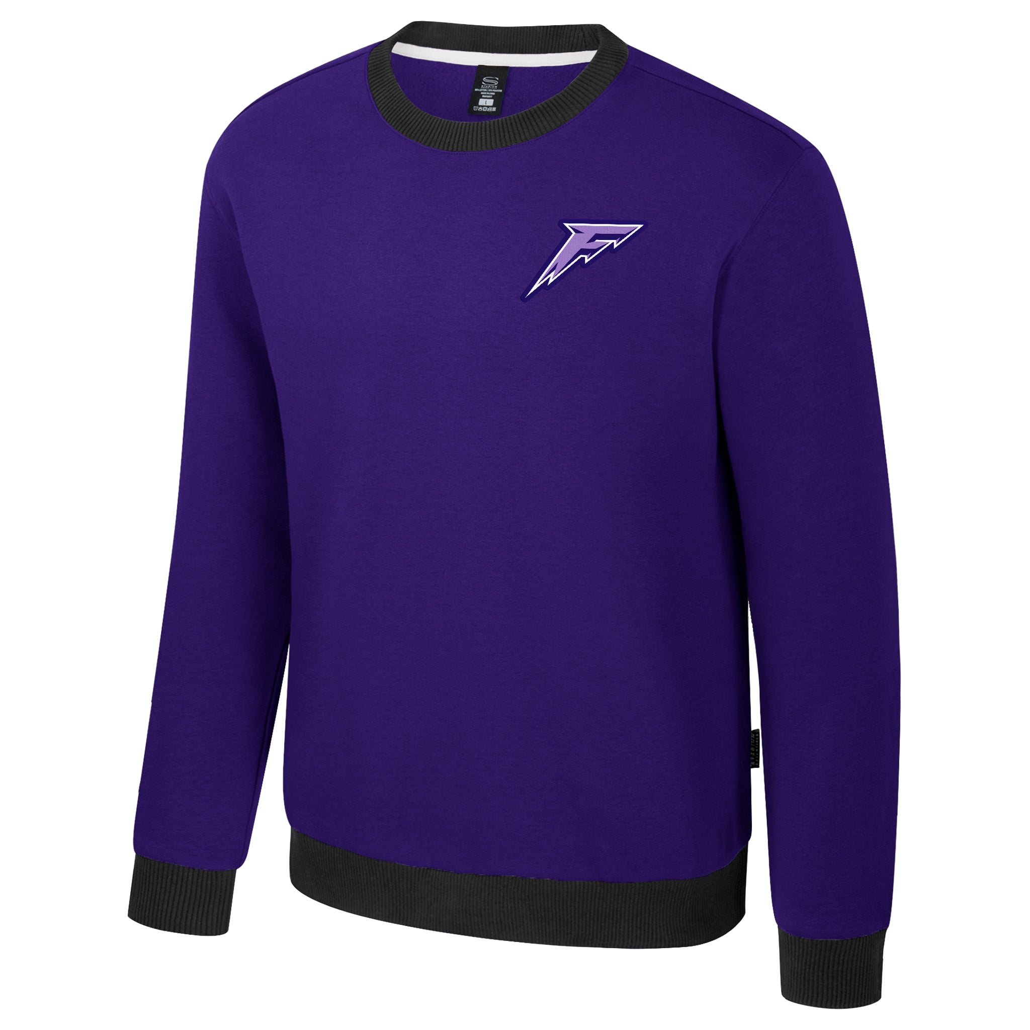 Purple sweatshirt with a logo on a white background