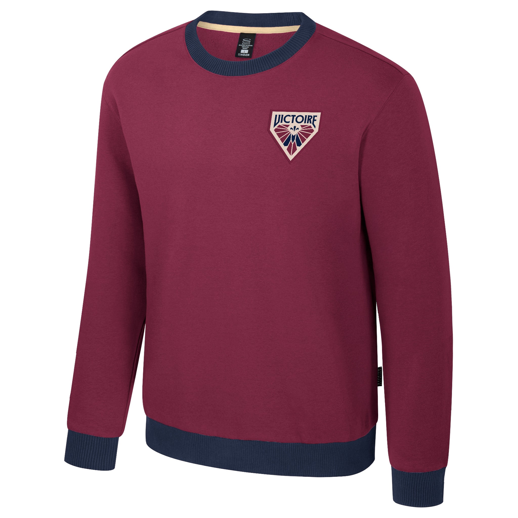 Maroon sweatshirt with a logo on a white background