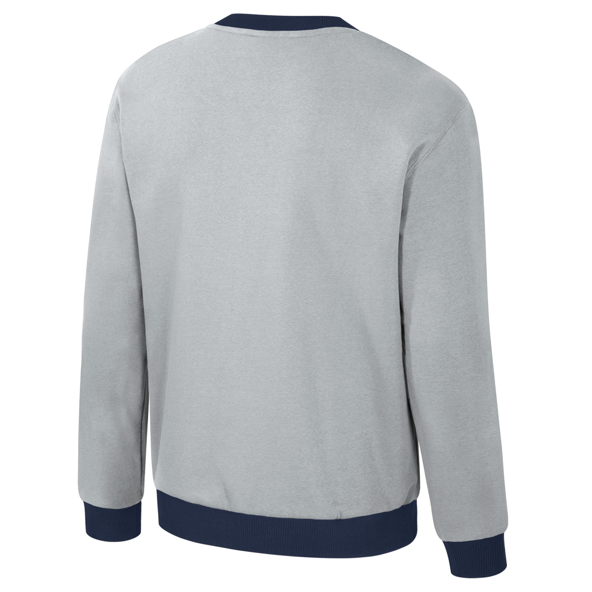 Gray sweatshirt with navy trim on a white background